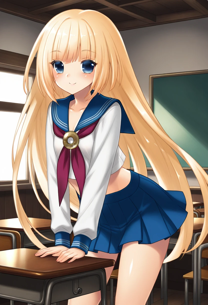 (Highest quality)、((Super detailed))、(Ultra delicate)、Cute  girl、Dazzling blonde、Shining blue eyes、Beautiful white lace sailor suit、Beautiful breasts、Beautiful thighs、School classroom、Ass、Beautiful woman looking back