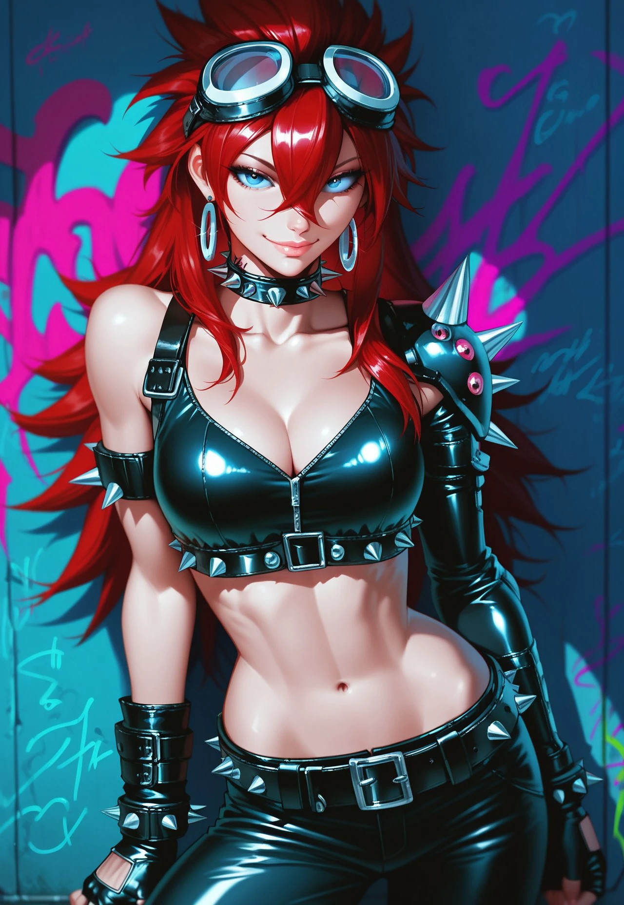 safe_pos, score_9,score_8,score_7,liviawoe_style, 1girl, breasts, navel, gloves, long hair, solo, cleavage, red hair, graffiti, fingerless gloves, black gloves, goggles on head, looking at viewer, jewelry, goggles, bare shoulders, midriff, collarbone, medium breasts, earrings, hair between eyes, belt, smile, pants, spikes, shiny, collar, cowboy shot, choker, lips