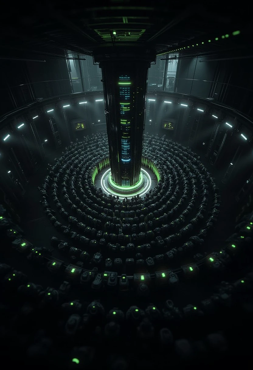 A massive underground complex illuminated by cold white lights and glowing blue holograms. Thousands of autonomous humanoid robots gather in a structured formation, their sleek metallic bodies reflecting the ambient light. At the center of the chamber stands a towering AI supercomputer core, pulsating with energy and holographic data streams. The atmosphere is tense and futuristic, blending the awe of technological advancement with hints of mystery. The scene is photorealistic and cinematic, with sharp contrasts and intricate robotic details.
FuturEvoLab_Green