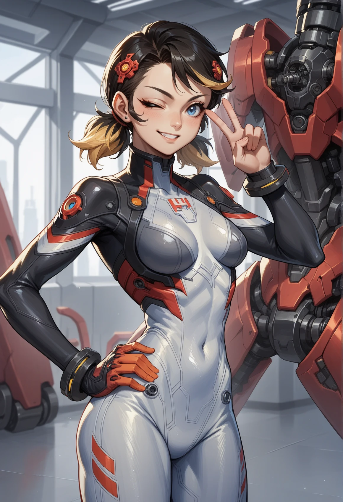 1girl, medium hair, blue eyes, multicolored hair, blue eyes, low twintails, black hair, blonde hair, hair ornament, bodysuit, full bodysuit, indoors, factory, wink, v, hand on own hip <lora:Peni_parker_pony_fixed:0.7>, score_9, score_8_up, score_7_up, score_6_up, score_5_up, score_4_up, BREAK source_anime, masterpiece
