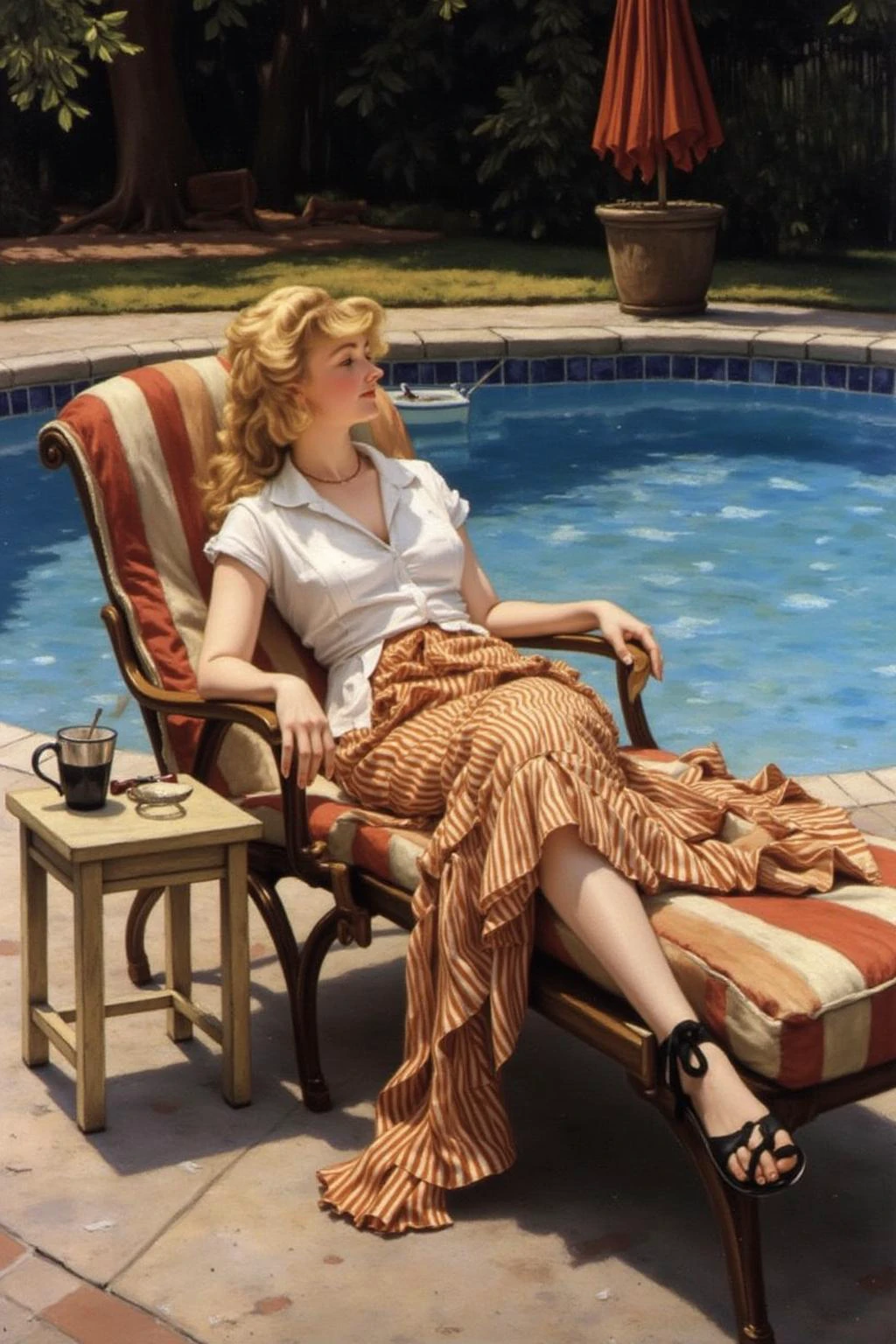 jati1 painting of a blonde woman relaxing on a lawn chair beside a swimming pool. <lora:jati1_cap_d6a3:1.0><lora:817304578467849684:0>