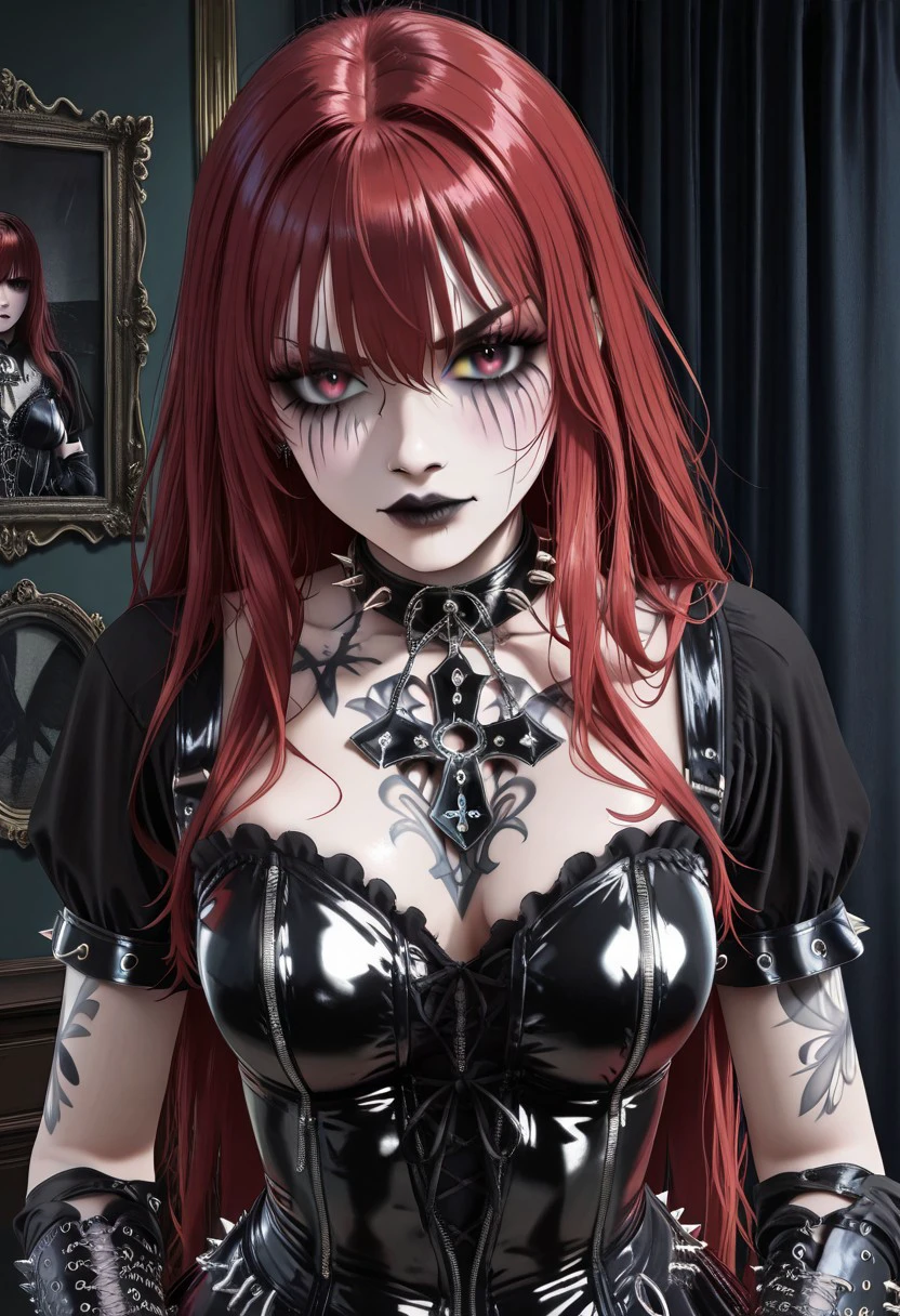 masterpiece, best quality, newest, absurdres, highres, anime, anime style, CorpsePaint-ILV1.0, 1girl, goth, gothic, red hair