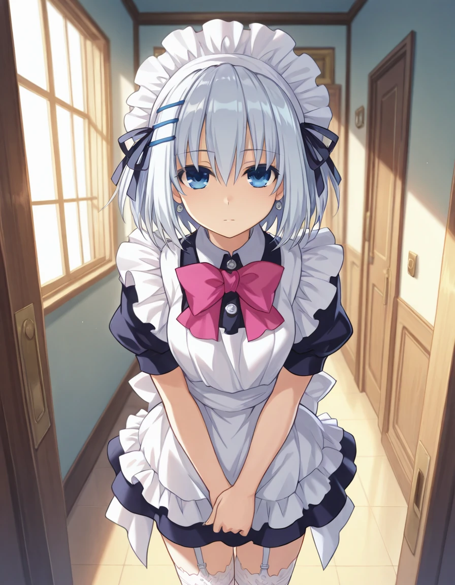 (masterpiece), (best quality), (ultra-detailed), maidOrigami, tobiichi origami, source_anime, score_9, score_8_up, score_7_up, 1girl, solo, looking at viewer, short hair, blue eyes, hair between eyes, standing, indoors, zettai ryouiki, maid, maid headdress, garter straps, own hands together, ori_hairclip, maid bowtie, maid thighhighs, maid apron, maid hair ribbon, illustration, disheveled hair, detailed eyes, perfect composition, moist skin, intricate details, earrings