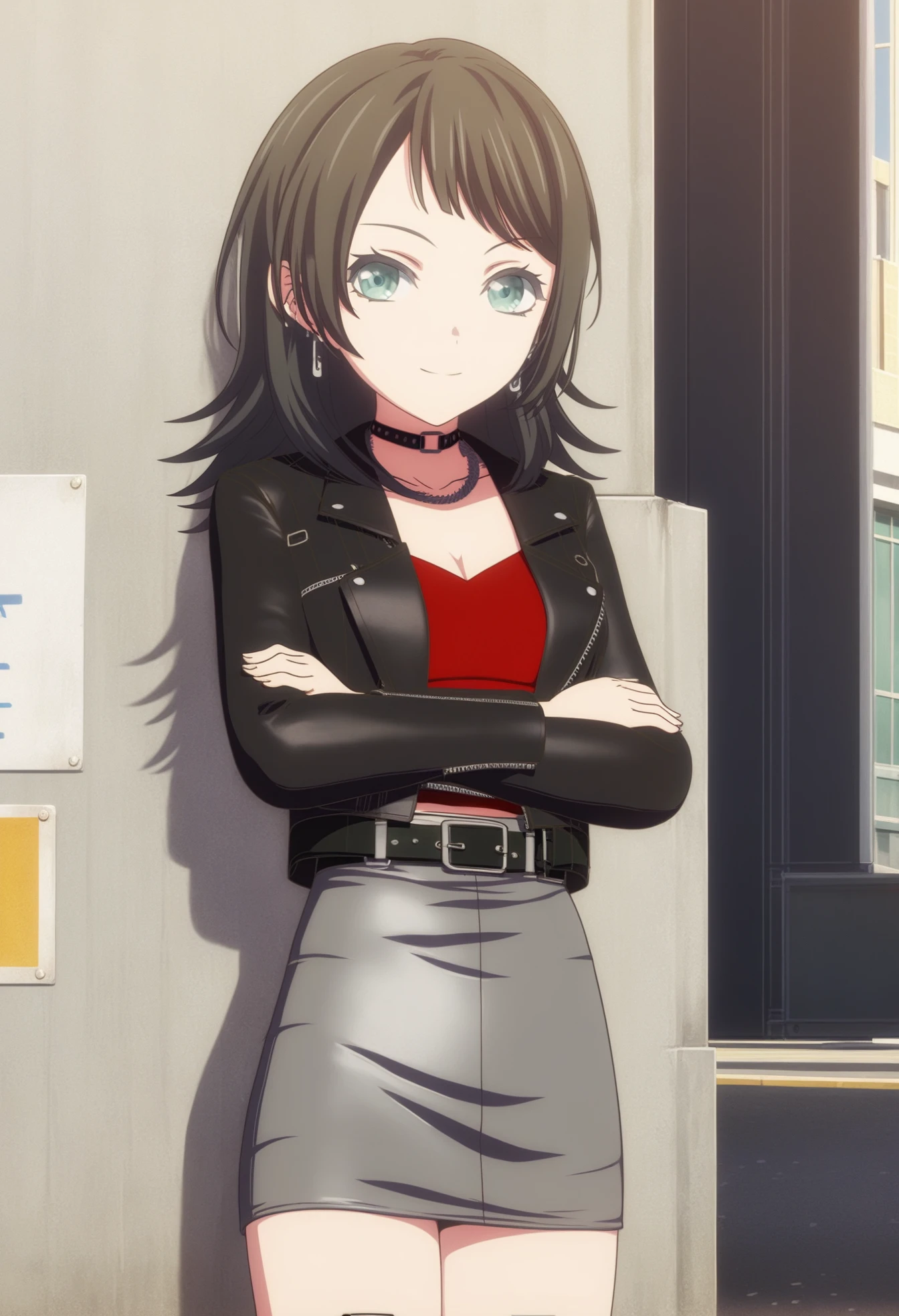 score_9,score_8_up,score_7_up,source_anime,cinematic_angle,(cowboy_shot:1.1),dynamic_angle,
spacious,street,roadside,simple_background,
morning,day,bright environment,sunlight,
maiden,a slim figure,small breasts,
1girl,solo,(leaning against the wall:1.3),
(crossed arms:1.2),
leisurely,looking at viewer,smile,kind_smile,
<lora:Yahata UmiriV3:1>,Yahata Umiri,formaal,green eyes,black hair,long hair,skirt,black jacket,jacket,grey skirt,leather jacket,choker,pencil skirt,jewelry,leather,earrings,belt,miniskirt,long sleeves,open clothes,breasts,cleavage,open jacket,red shirt,shirt,black choker,black belt,boots,leather,black footwear,platform footwear,cross-laced footwear,