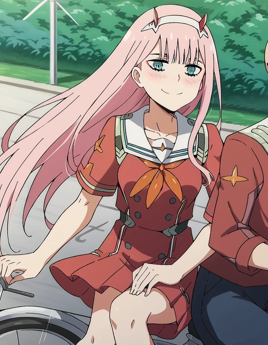 score_9, score_8_up, score_7_up, source_anime, <lora:zero-two-s1-ponyxl-lora-nochekaiser:1>, zero two, zero two (darling in the franxx), green eyes, hairband, horns, long hair, pink hair, red horns, white hairband, medium breasts,, <lora:pillion-ponyxl-lora-nochekaiser:1>, pillion, brown eyes, hetero, couple, ground vehicle, riding, bicycle, multiple riders, outdoors, motion, floating hair, motion lines, hands on thighs,, school uniform, serafuku, gakuran, faceless, faceless male, bald, collarbone, blush, looking at another, smile, cowboy shot, knees,,