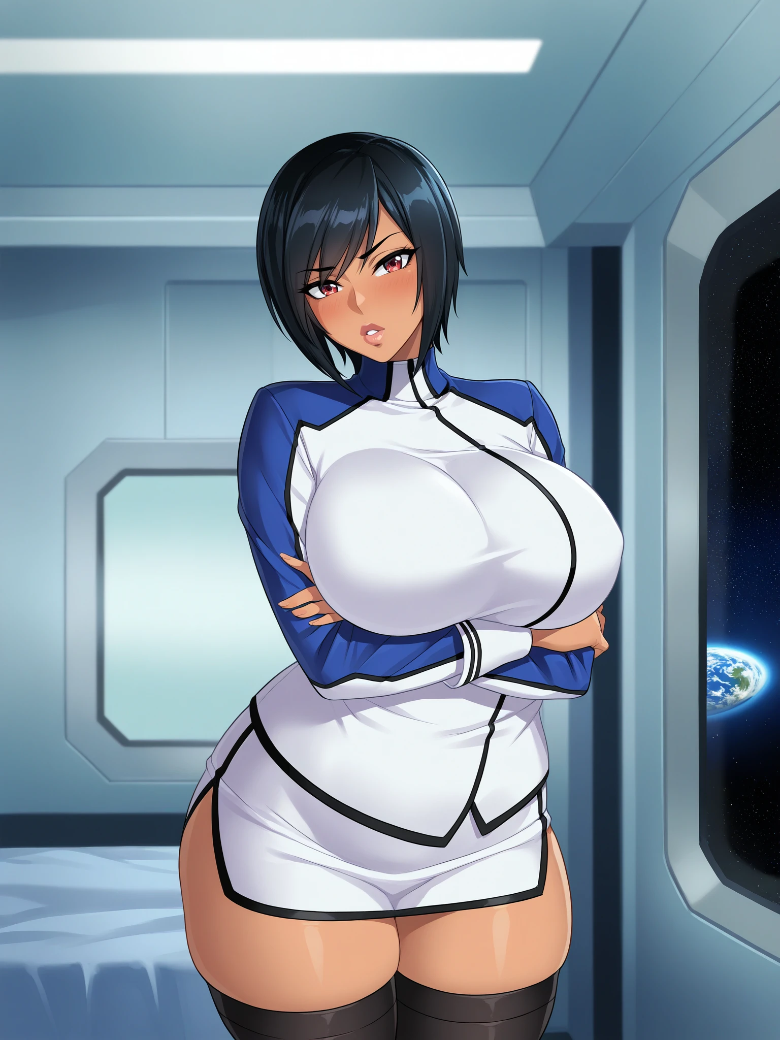 highest quality, High resolution, Makoto Harada, green eyes, pink bodysuit belt thigh boots ,(huge breasts:1.2), blush, (embarrassing), :d, dark brown hair, bob cut、((legs spread、swollen nipples))