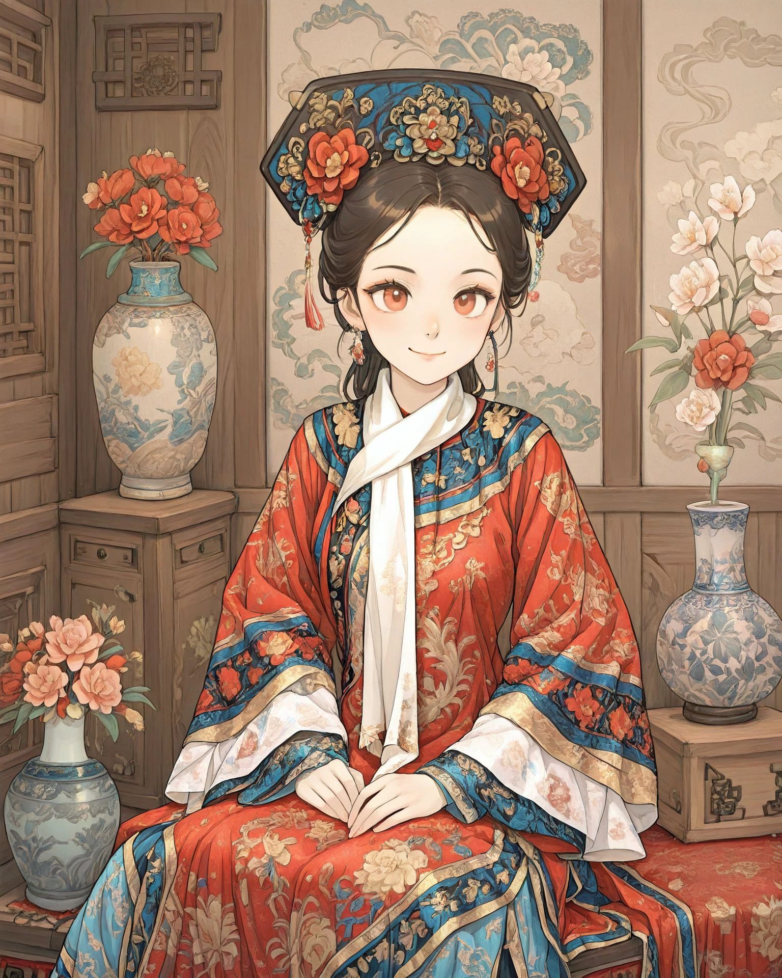 1girl, qingfa, (qingfa scarf), vase, ornate clothing, flowers, asian sitting room, wood panel wall, red and blue clothing, light_smile, intricate patterned fabric, brocade, jacquard fabric, masterpiece, highest quality, absurdres, digital art, very detailed, <lora:QingFashion_Illustrious-000013:1>, <lora:DisneyLike:0.9>