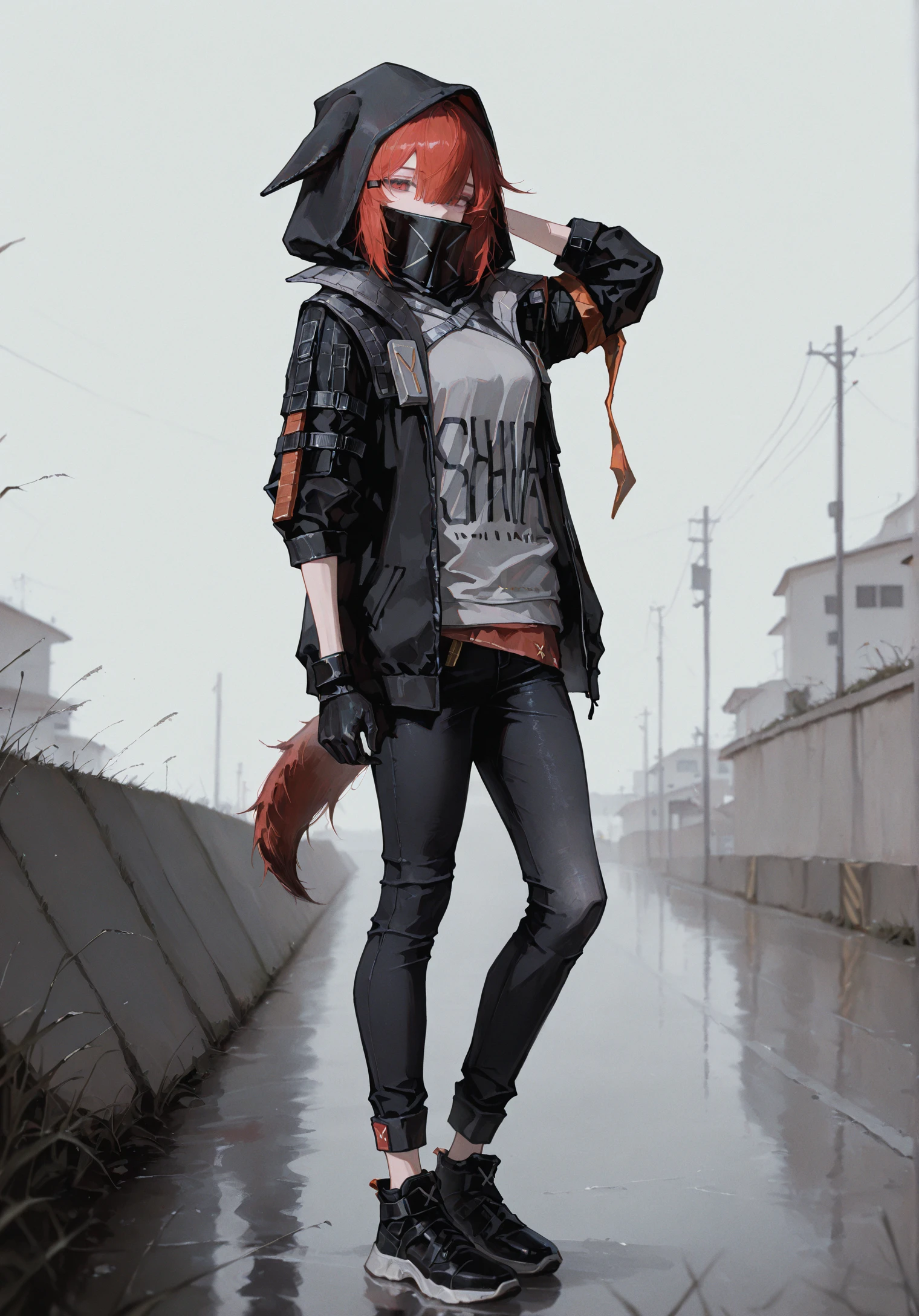 masterpiece, best quality, amazing quality, very aesthetic, absurdres, newest,
1girl, solo, Crownslayer, animal ears, tail, red hair, short hair, hairclip, red eyes, bangs, hair between eyes, looking at viewer,
black jacket, hood, hood up, grey shirt, black jeans, mask, masked face, black gloves,
full body, standhing, one hand behind head, sideview, biege background, realistic, semi-realism, 96yottea,