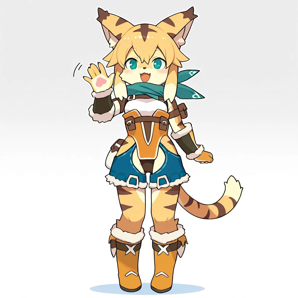 high quality，Q version，Large head proportions，girl，Light long hair，The hair ends are orange，Tiger ears，Gold Hairpin，Show your shoulders，White top，Show your back，Orange and gold hem，Black fur arm guards，Dark Teal Leggings，There is a gold leg ring on the left thigh，Large Breasts，Golden wristband，Gold finger guard，Gold Roller Shoes，Tiger Tail，White background