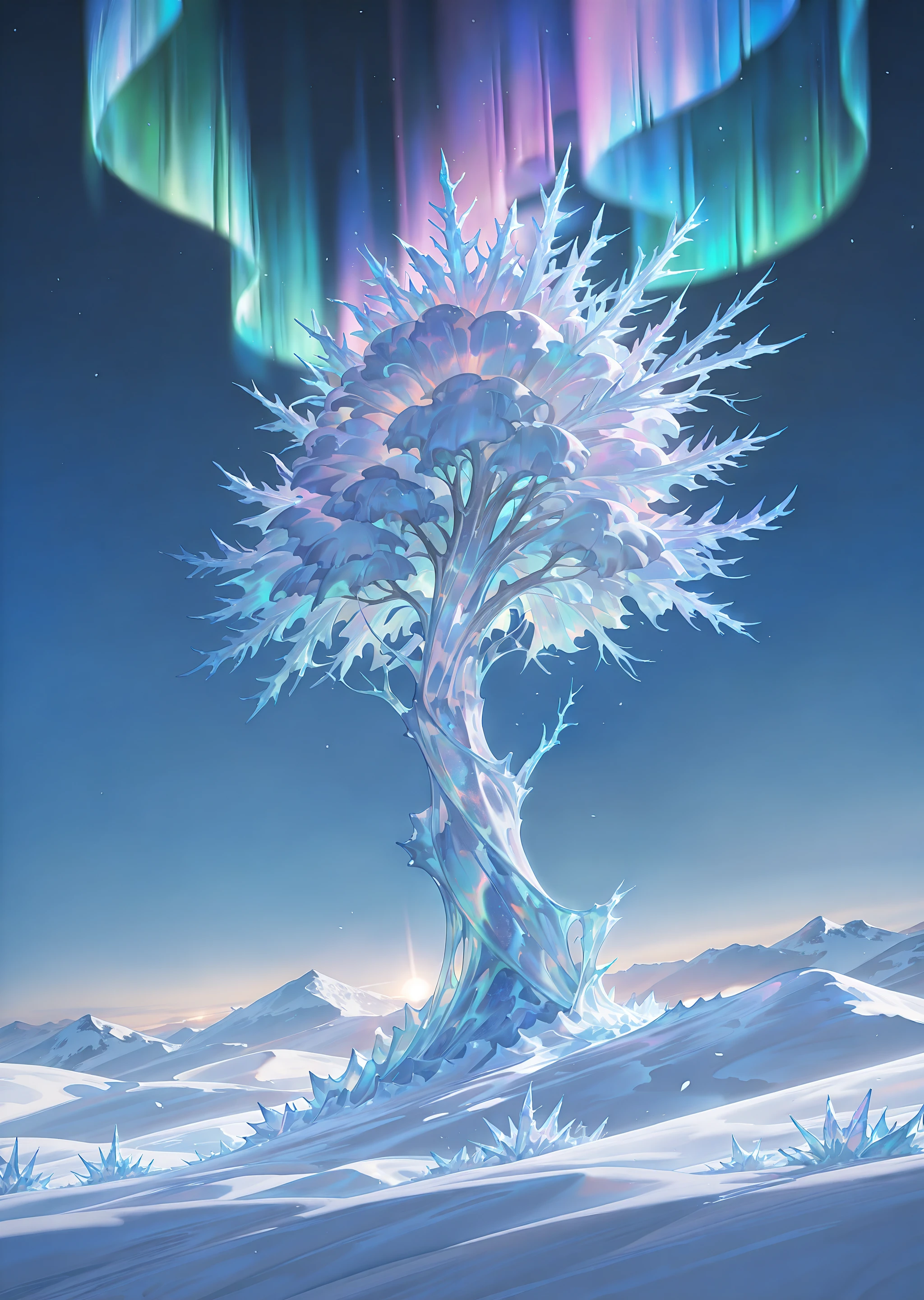 perfect quality, best quality, detailed, intricate, realistic, abstract winter ice landscape, flowing icy flowers, aurora <lora:Frost [Illustrious]_epoch_4:0.5> frost_glass, scenery, outdoors
