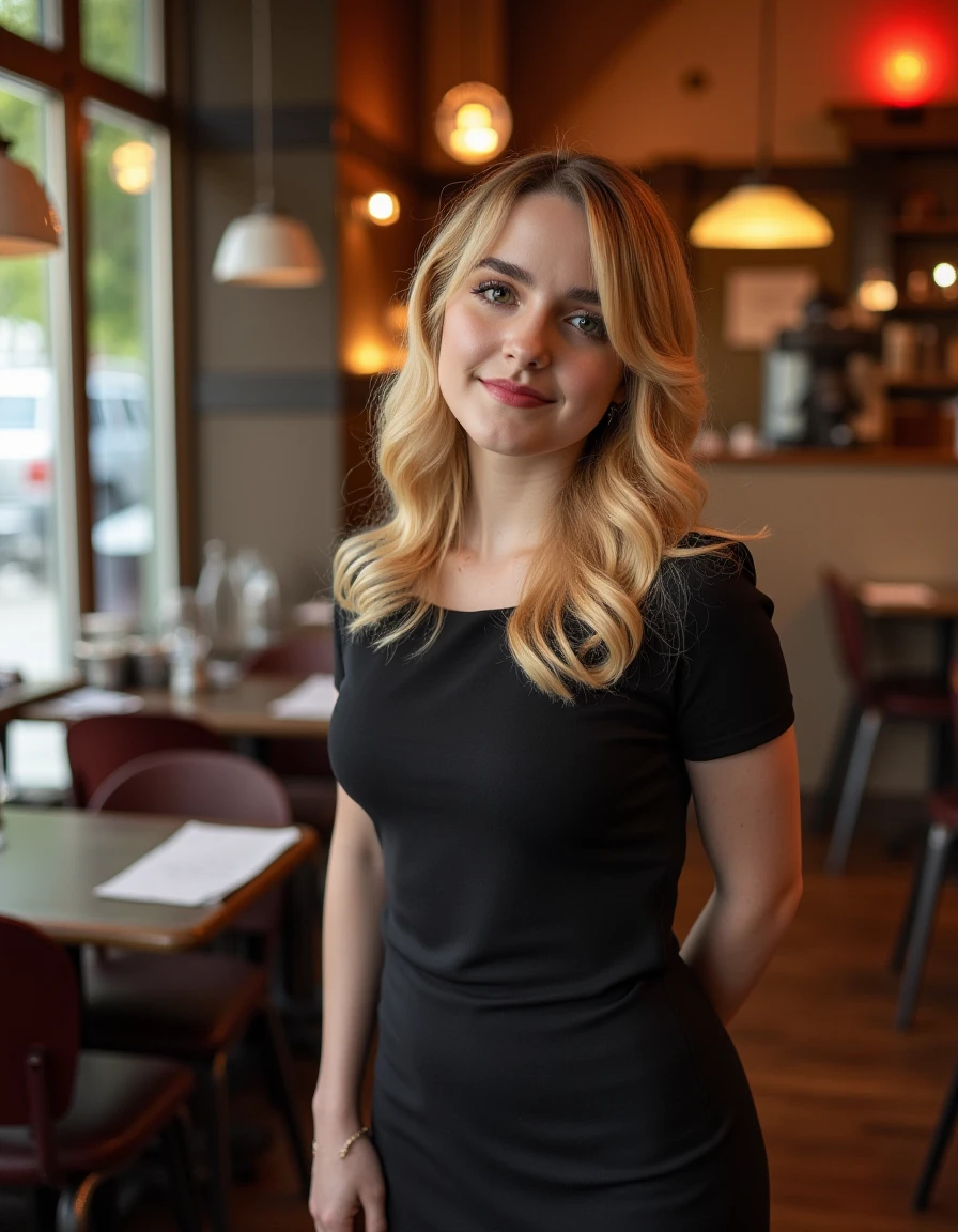 <lora:Mckenna_Grace_Flux:1> beautiful detailed photograph, blonde hair cascading over her shoulders, wearing a boat neck dress, standing in cafe looking at the viewer, smile