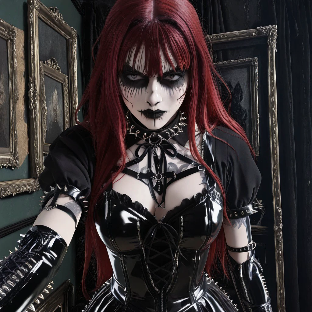 masterpiece, best quality, newest, absurdres, highres, anime, anime style, CorpsePaint-ILV1.0, 1girl, goth, gothic, red hair, dress, black dress, gothic dress