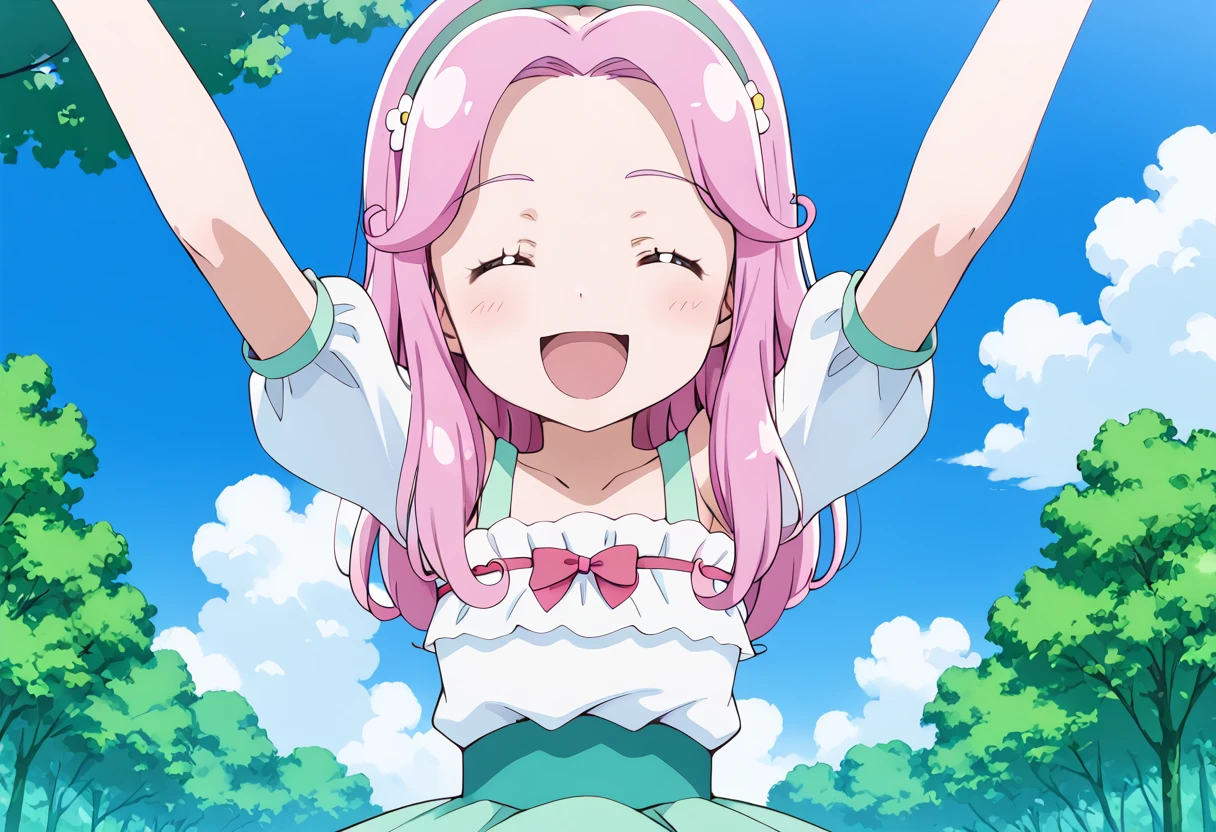 score_9, score_8_up, score_7_up, source_anime,
hanami kotoha, casual, 1girl, solo, closed eyes, open mouth, pink hair, smile, long hair, tree, day, outdoors, arms up, cloud, :d, collarbone, blush, blue sky, upper body, hair ornament, white shirt, facing viewer, ^ ^, outstretched arms, puffy short sleeves, happy, eyebrows visible through hair, anime coloring, hands up, shiny hair, blouse, nature, green hairband, white dress, cloudy sky, forest, pink bow, hair intakes, white blouse, off-shoulder shirt, ^o^, eyelashes, parted bangs, tongue, standing, purple hair, ribbon, \o/, spread arms, green skirt, high-waist skirt, butterfly print,
<lora:cure_felice_hanami_kotoha_pony_locon_v1:0.7>