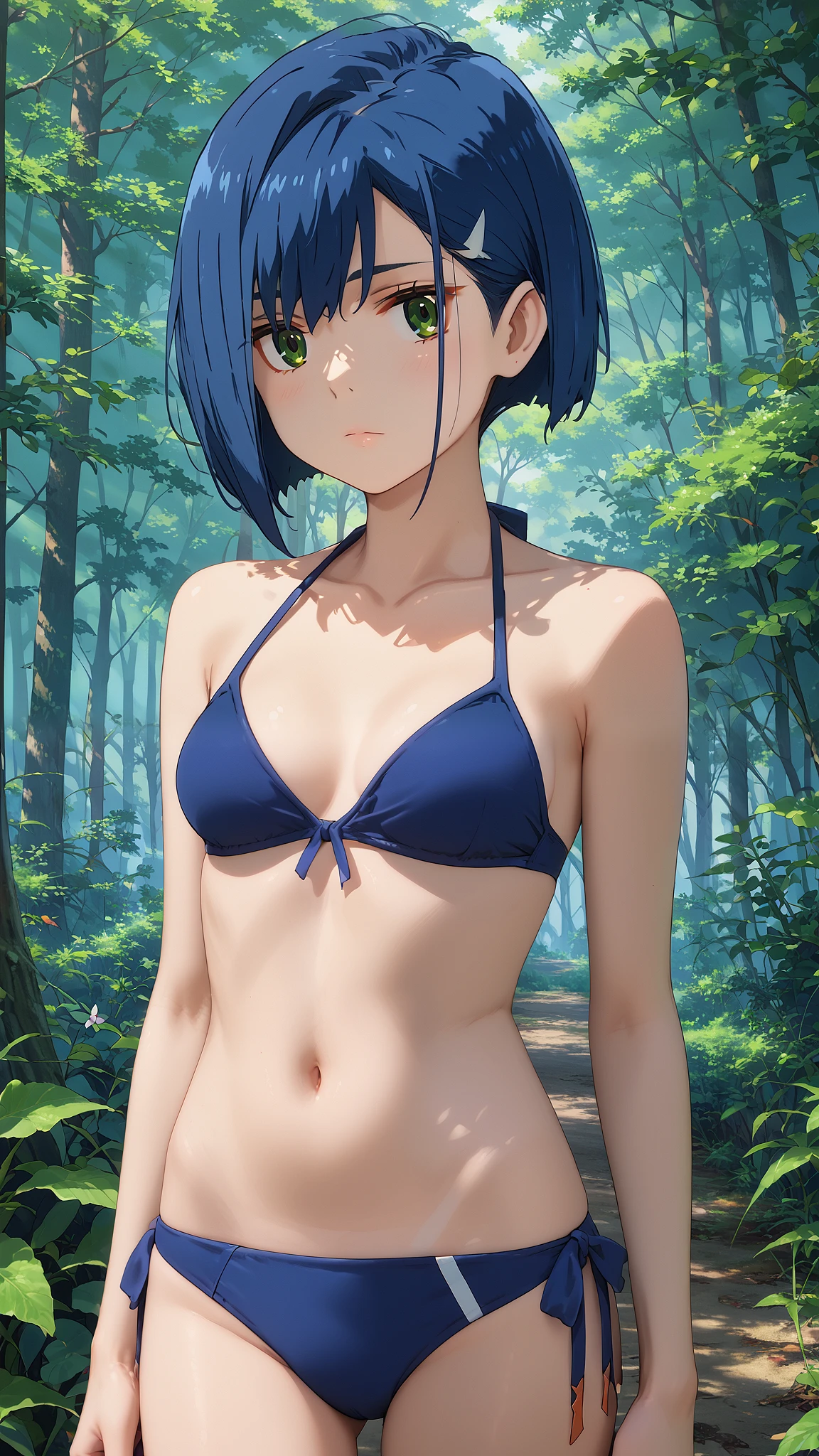 score_9, score_8_up, score_7_up, source_anime, masterpiece, best quality, perfect anatomy, very aesthetic, absurdres, 1girl, solo,
ichigo_franxx, blue hair, short hair, hairpin, green eyes,
bikini,
outdoors, forest, looking at viewer, cowboy shot,