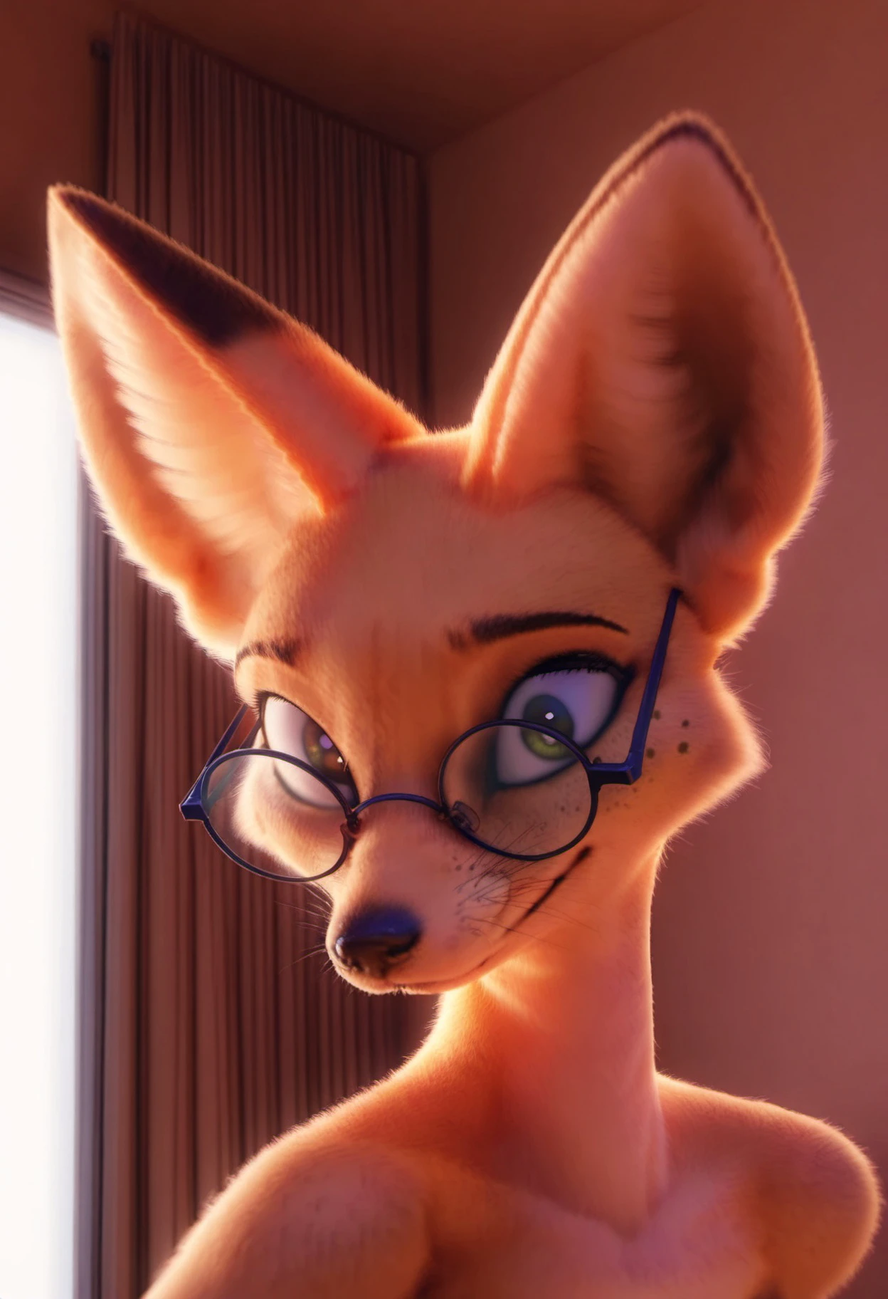 masterpiece, best quality, <lora:hakya11_style_ill_v1:1> hakya11 solo, smile, animal ears, closed mouth, glasses, indoors, fox ears, no humans, portrait, furry, freckles, black-framed eyewear, round eyewear, furry female, animal nose, snout