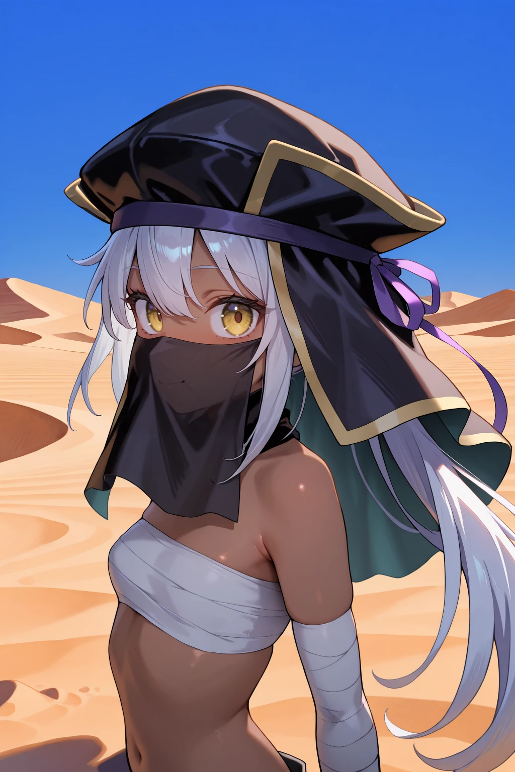 masterpiece, very aesthetic, absurdres, best quality, amazing quality, high resolution, newest, very awa, <lora:illustrious_quality_modifiers_masterpieces_v1:0.8> , <lora:ChamIllustriousBackgroundEnhancer:0.5>, ((solo)), <lora:AmareusIL:0.8> , amadef, 1girl, dark skin, yellow eyes, long hair, white hair, side ponytail, hat, ribbon, mouth veil, sarashi, bandaged arm, exterior, desert, night, sand dunes, looking at viewer, ((portrait)), face, close-up, pulling veil to the side, smile,