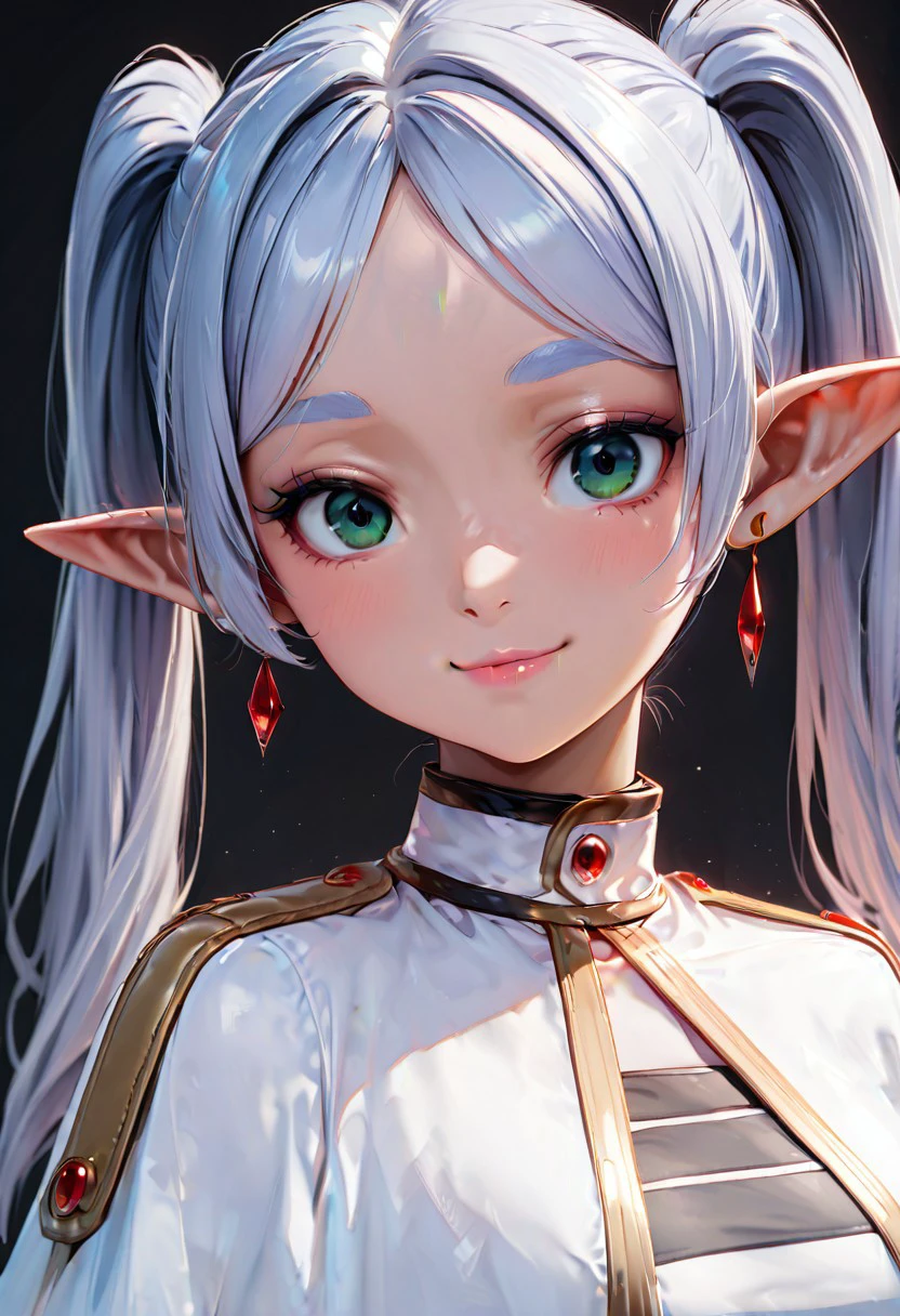masterpiece, best quality, 1girl, solo, eyelashes, (beautiful eyes), 1girl, solo, long hair, looking at viewer, blush, smile, bangs, simple background, twintails, jewelry, closed mouth, green eyes, blue hair, upper body, earrings, pointy ears, lips, parted bangs, eyelashes, capelet, white jacket, thick eyebrows, black background, elf, gem, forehead, pink lips ,