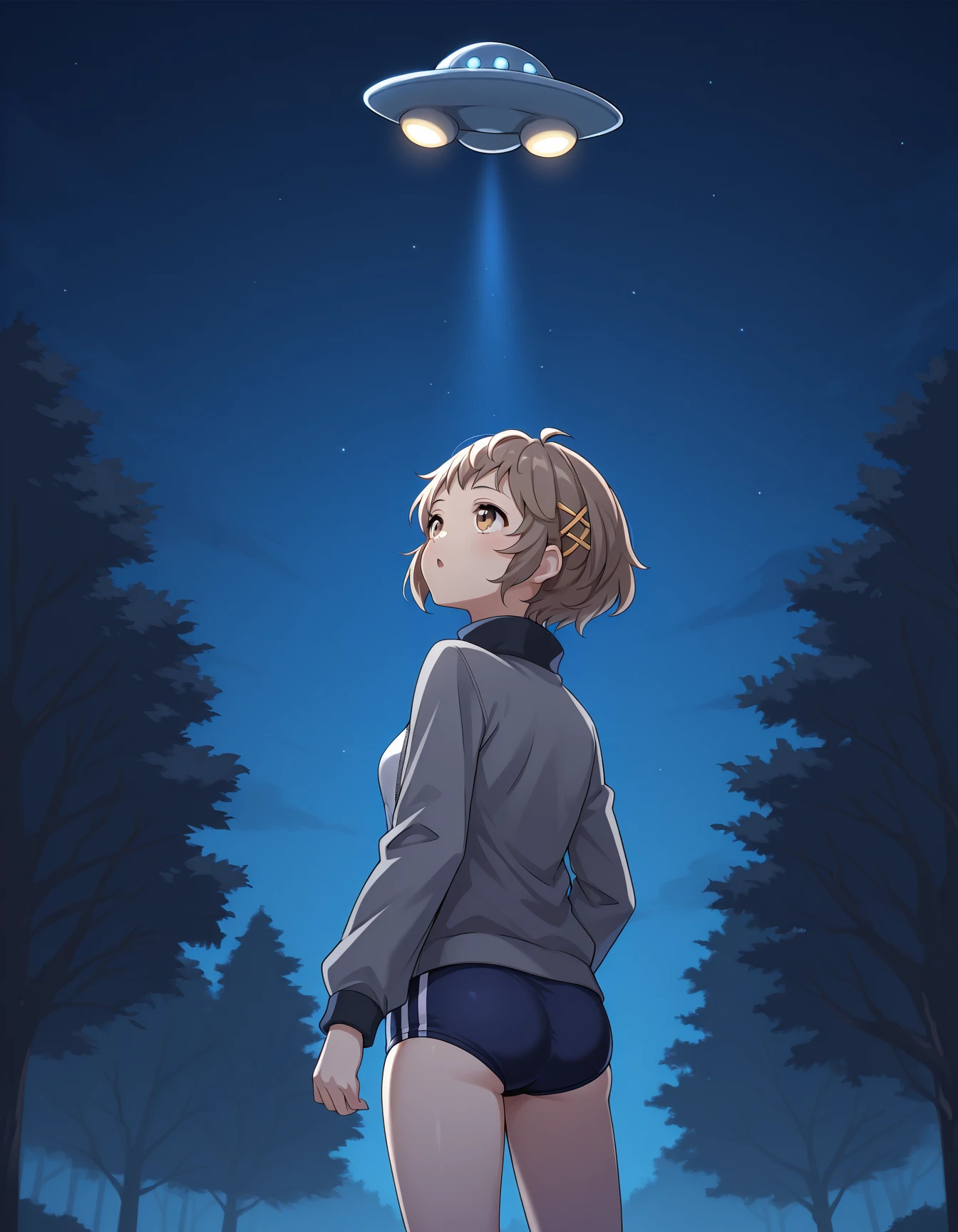 <lora:13sentinels-000020:1> natsunominami, track jacket, grey jacket, gym uniform, buruma
1girl, solo, :o, ufo, night, bright lights, looking up, from behind, tree
masterpiece, best quality, cinematic lighting