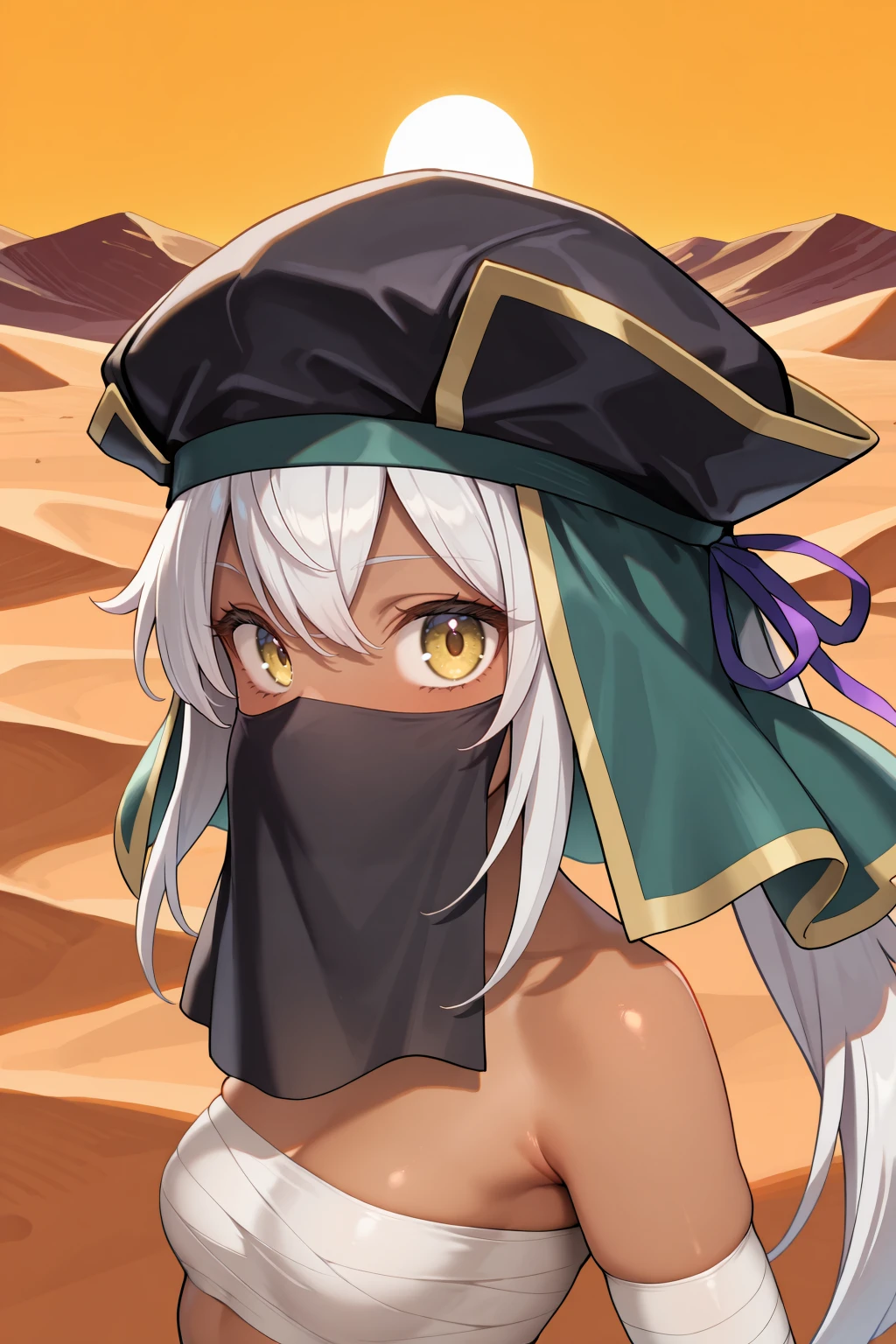 masterpiece, very aesthetic, absurdres, best quality, amazing quality, high resolution, newest, very awa, <lora:illustrious_quality_modifiers_masterpieces_v1:0.8> , <lora:ChamIllustriousBackgroundEnhancer:0.5>, ((solo)), <lora:AmareusIL:0.8> , amadef, 1girl, dark skin, yellow eyes, long hair, white hair, side ponytail, hat, ribbon, mouth veil, covered mouth, sarashi, bandaged arm, exterior, desert, sun, looking at viewer, ((portrait)), face, close-up,