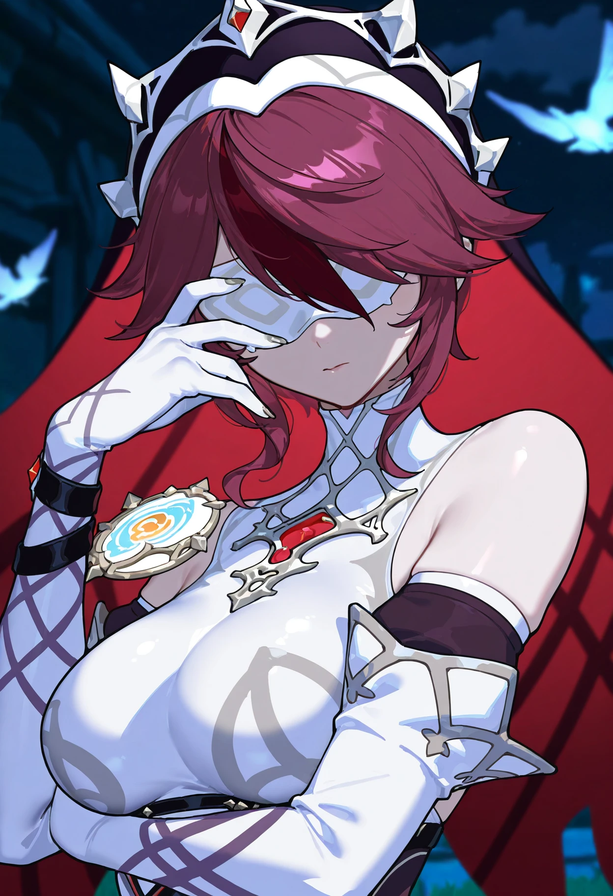 1girl, upper body, rosaria \(genshin impact\), half mask, <lora:hilichurl_mask_v1:1>, masterpiece, best quality, newest, absurdres, highres, scenery,