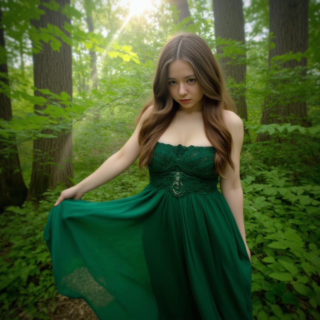 a Disney Pixar movie poster titled “Madison” of a 25 year old girl with long brown hair and blue eyes. her lips are cherry red like. she is running through a fairy evergreen forest that is lit by tiny fairy lights and she is wearing an emerald green dress