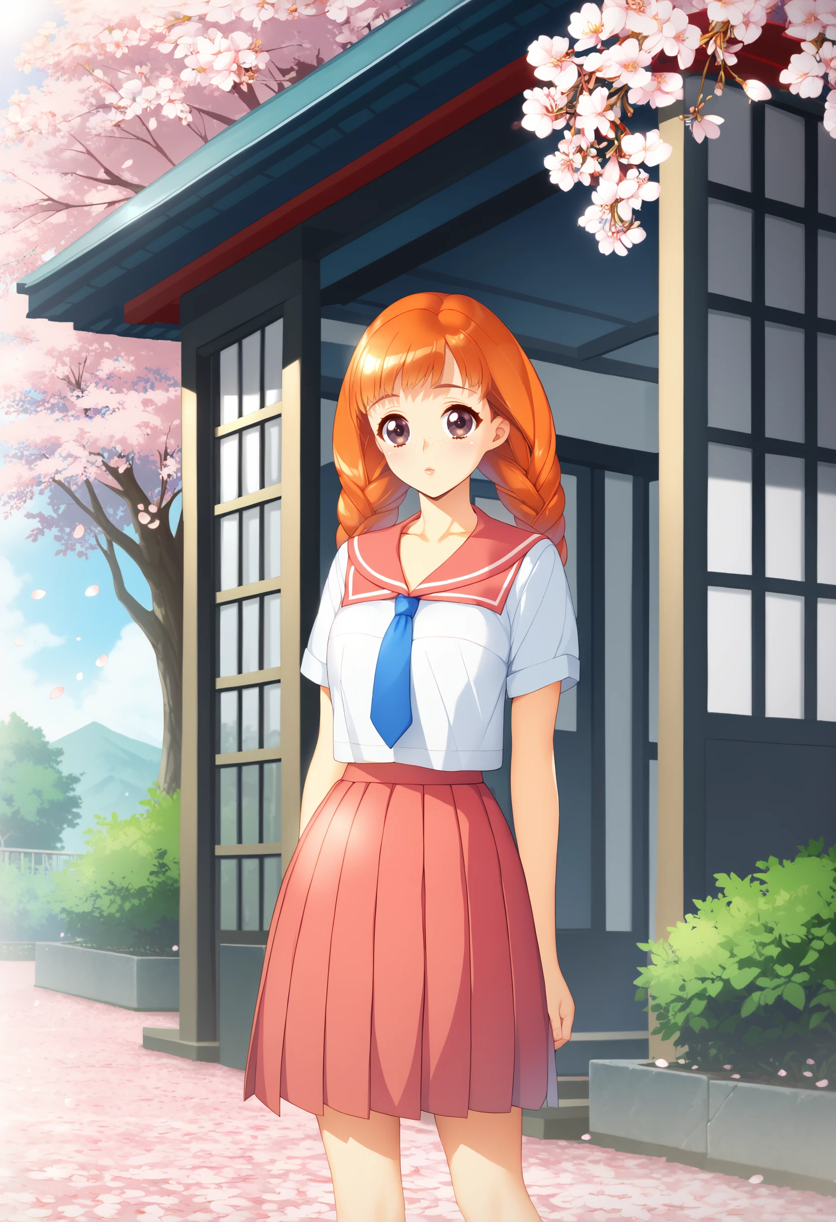 score_9, score_8_up, score_7_up, BREAK nishiku,purple eyes,orange hair,long hair,twin braids,black ribbon, hair ribbon,freckles, white shirt,short sleeves,collarbone,red collar,blue necktie,red skirt,pleated skirt,school uniform,,cherry blossom,spring (season),petals, <lora:Kurrumidouble:1>