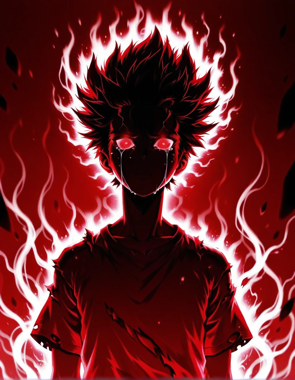 phnk, solo, looking at viewer, silhouette, shirt, red eyes, 1boy, monochrome, upper body, short sleeves, male focus, tears, torn clothes, glowing, crying, spiked hair, glowing eyes, red background, aura, red theme