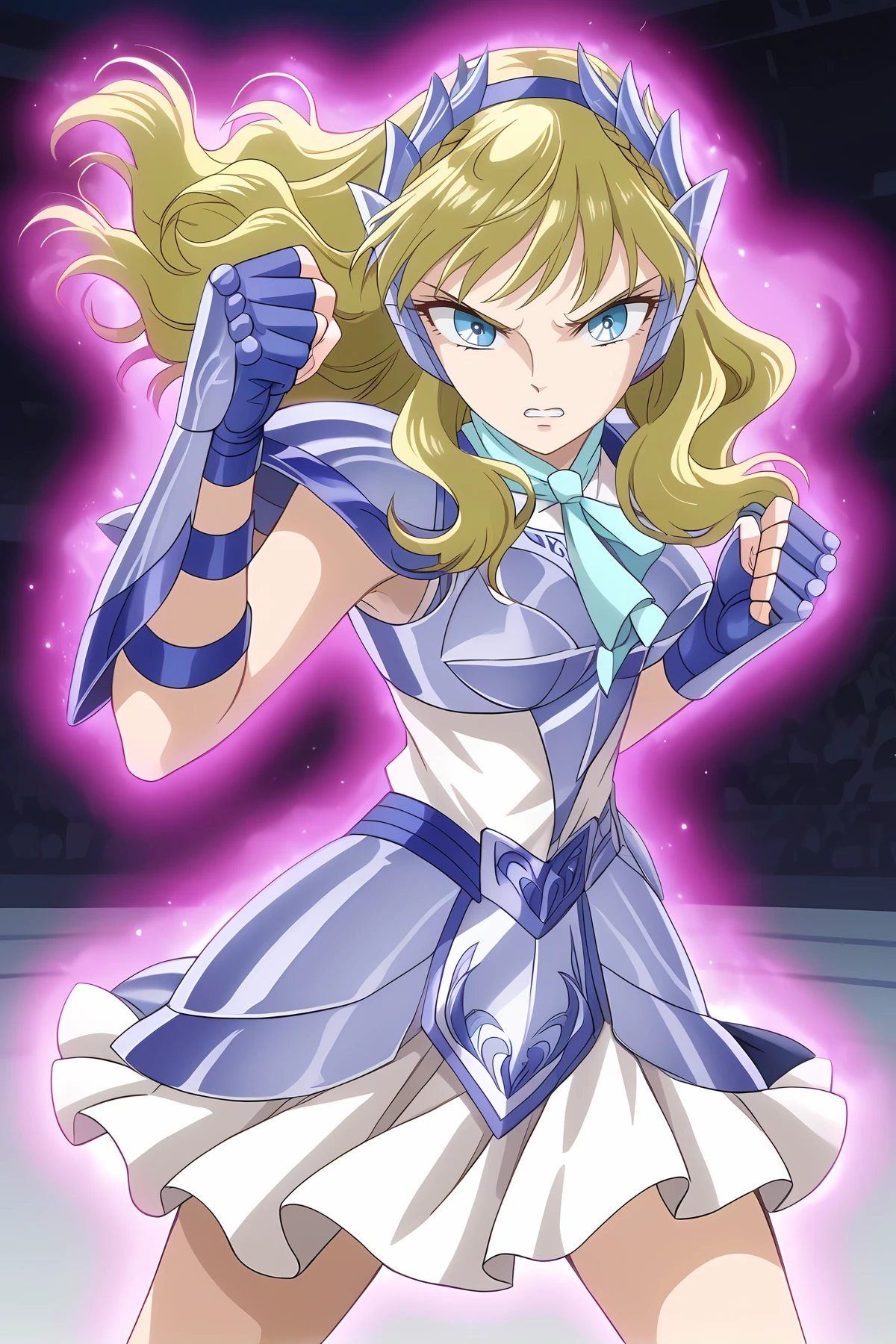 score_9, score_8_up, score_8, score_7_up, source_anime, anime screencap,
<lora:Saintia_Sho_PONY:1> Mii, 1girl, solo, long hair, blonde hair, blue eyes,, Delphinus Armor, Delphinus Helmet, skirt, armor, gloves, fingerless gloves,
punch, aura, clenched hands, fighting stance, dynamic pose,