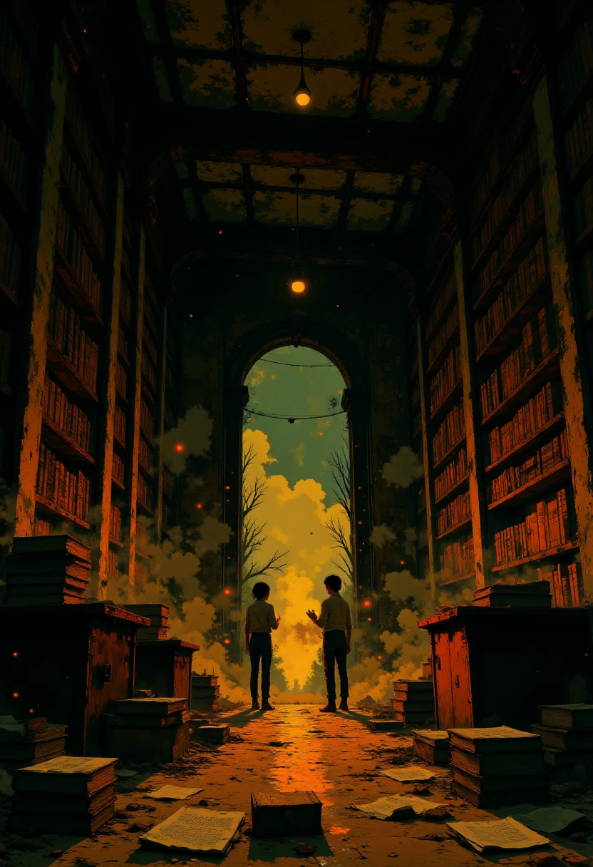An ancient, crumbling library bathed in warm golden light, with shelves filled with decaying books and scattered papers glowing faintly. A glowing orb hovers in the center of the room, casting shadows on the peeling walls. Two figures stand in awe, one reaching out toward the orb, their silhouettes illuminated by its magical glow. Dust particles float in the air, adding depth to the cinematic and mystical atmosphere.