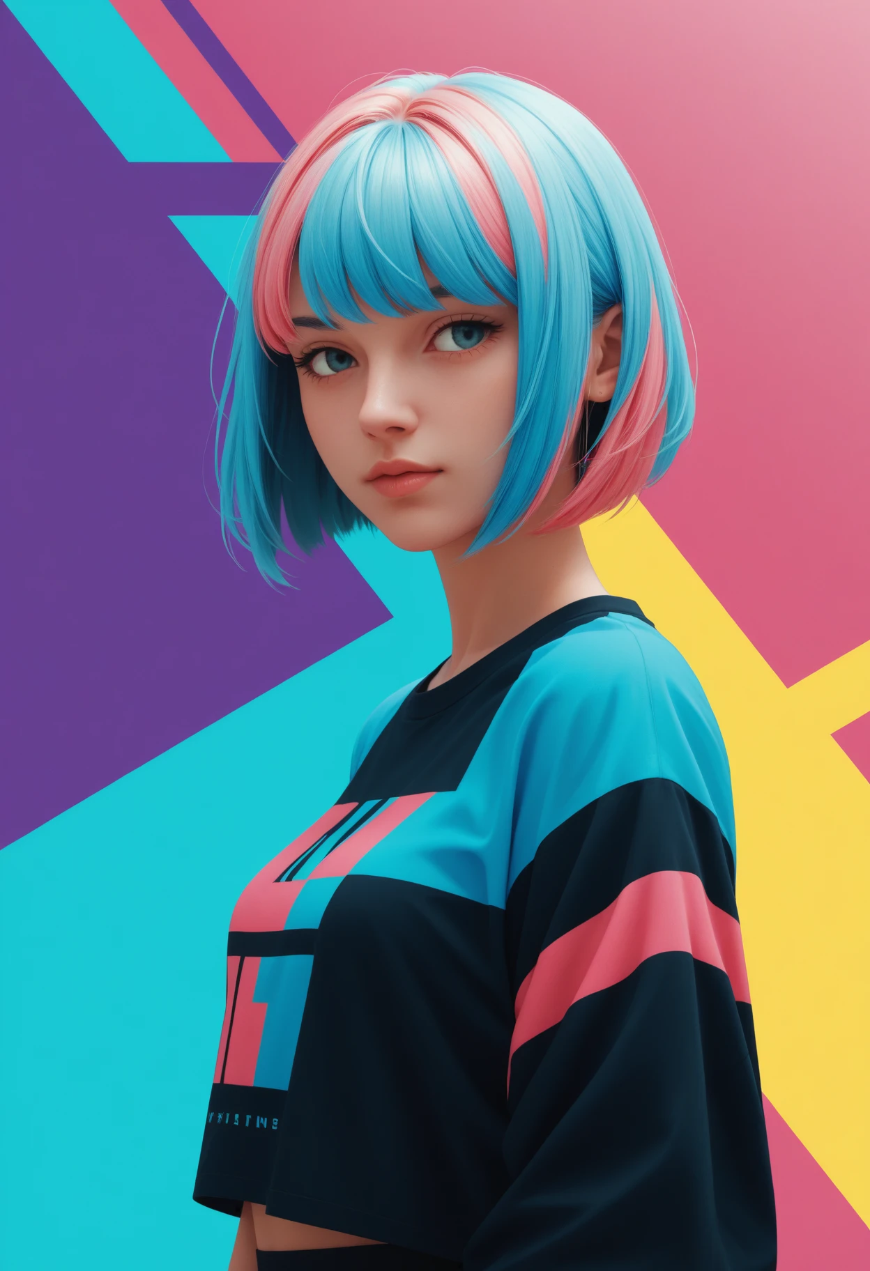Abstract style score_9, score_8_up, score_7_up, score_6_up.
1 girl, bob cut, two-tone, poster, futuristic, abstract, minimalism, repeating patterns, geometric shapes, angular, pastel colors, aesthetic, patterned background. . Non-representational, colors and shapes, expression of feelings, imaginative, highly detailed