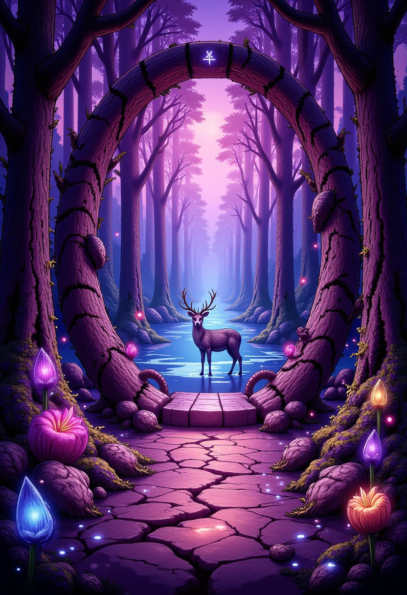 An enchanting forest scene with a glowing magical portal surrounded by bioluminescent flowers and trees covered in luminous moss. In the foreground, a whimsical creature, such as a deer with rune-engraved antlers, gazes into the portal with curiosity. The scene is bathed in soft twilight, with vibrant shades of pink, purple, and gold in the sky, creating an atmosphere of wonder and serenity. Highly detailed textures and sharp outlines emphasize the magical realism, inviting viewers into a storybook world.