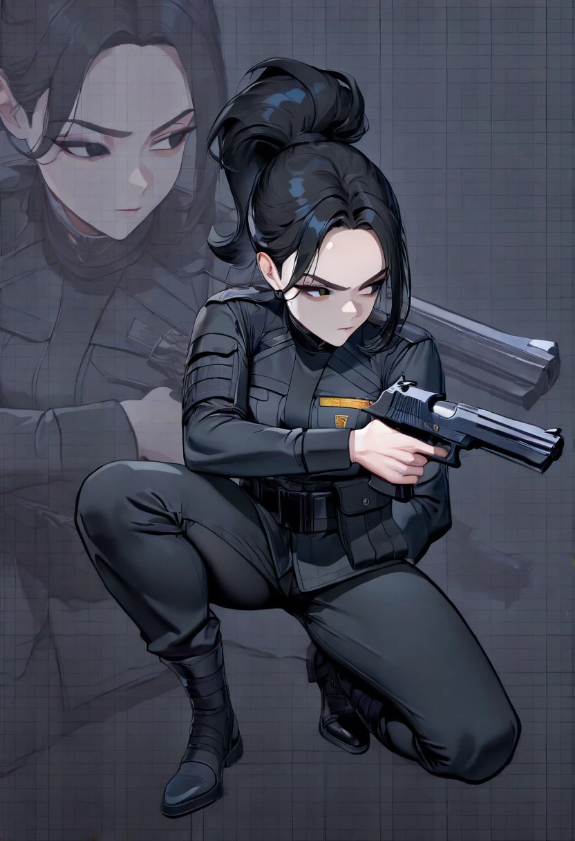 masterpiece, best quality, newest, absurdres, highres, full body, checkered background, zoom layer, killer, on one knee, looking to the side, holding knife, holding Desert Eagle gun, chnsh, medium breasts, black hair,black eyes,high Single ponytail,forehead, Military boots,vicious