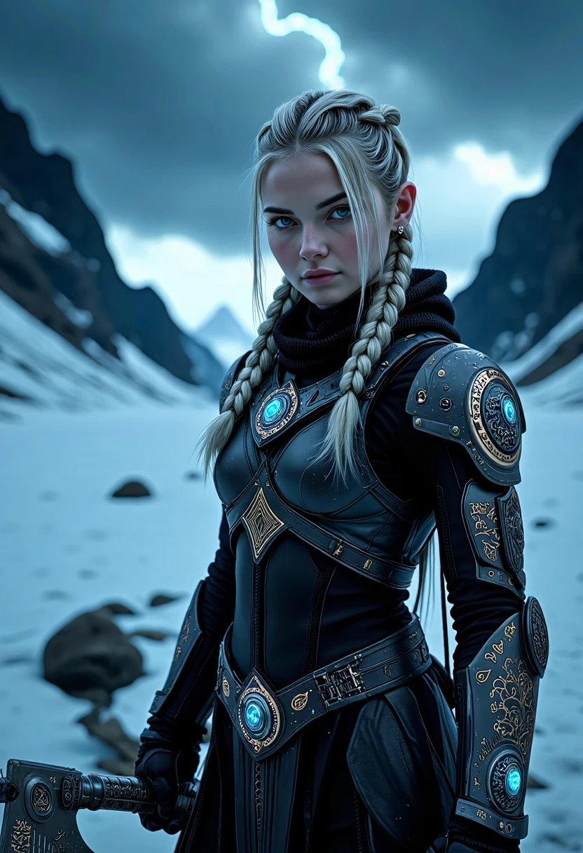 Blond woman in armor with a sword in a snowy area - SeaArt AI