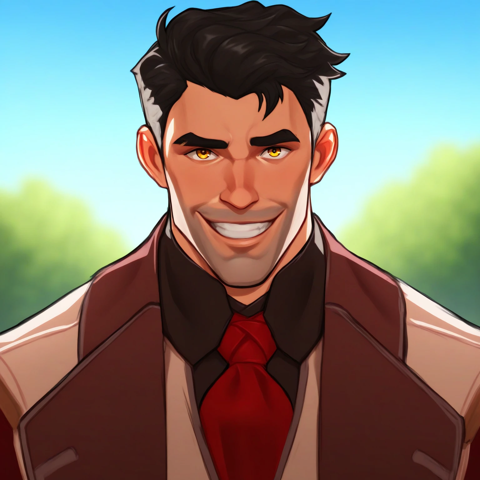 masterpiece, best quality, newest, absurdres, highres, (dizdoodz:.7),
male, solo, (bara), jayce talis, black hair, short hair, yellow eyes, red tie, outdoors, smile, upper body, looking at viewer, close up