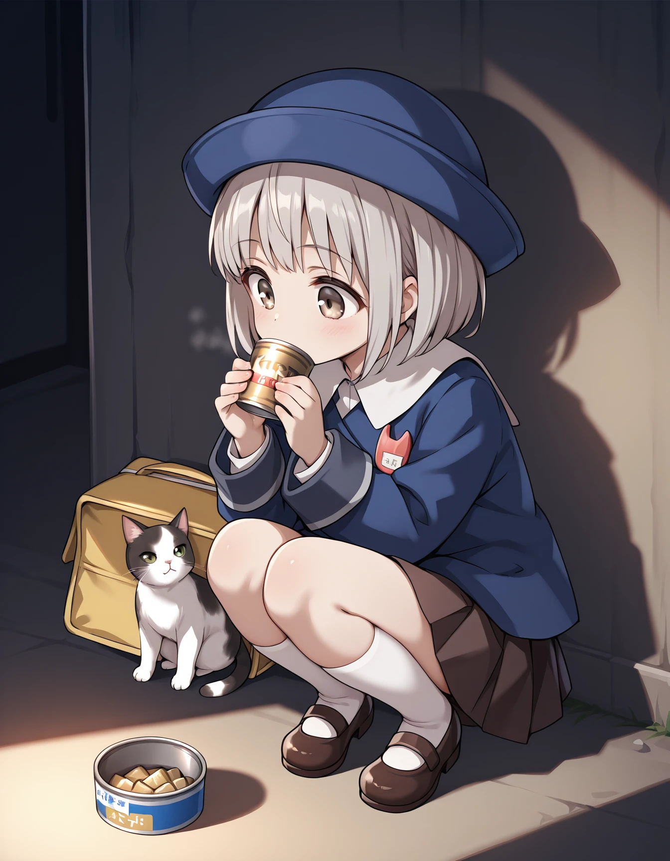 <lora:13sentinels-000020:1> hakase, (short hair), school hat, kindergarten uniform, blue jacket, pleated skirt, knee highs, white legwear, mary janes, 1girl, canned food, cat, squatting
masterpiece, best quality, cinematic lighting