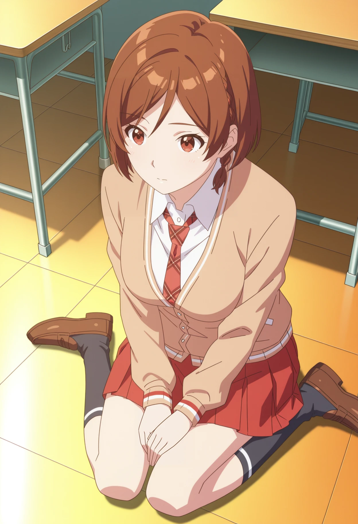 <lora:Sakuraimori Akane_illustrious-000018:1>,Sakuraimori Akane,solo,red skirt,brown hair,necktie,red eyes,brown cardigan,short hair,school uniform,red necktie,white shirt,black socks,
loafers,from_above,classroom,sitting,wariza,hands_on_lap