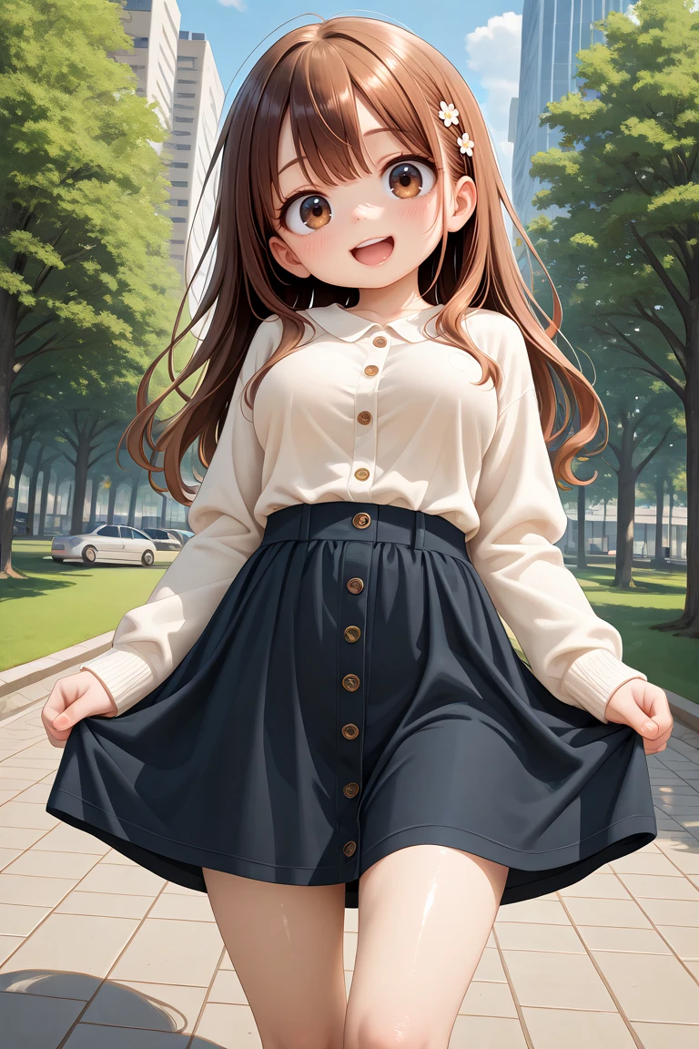 masterpiece, best quality, amazing quality, very aesthetic, absurdres,
cute round face, slender, detailed eyes, detailed hair, kawaii,
1girl, solo,
dynamic angle,
best shadow, an extremely delicate and beautiful, gleaming skin, cowboy shot,
in a park, city, standing, cute pose, smile,
wearing casual fashion, wearing harajuku fashion, wearing skirt,
breasts, extremely detailed eyes, open mouth, (brown hair, brown eyes:1.2)