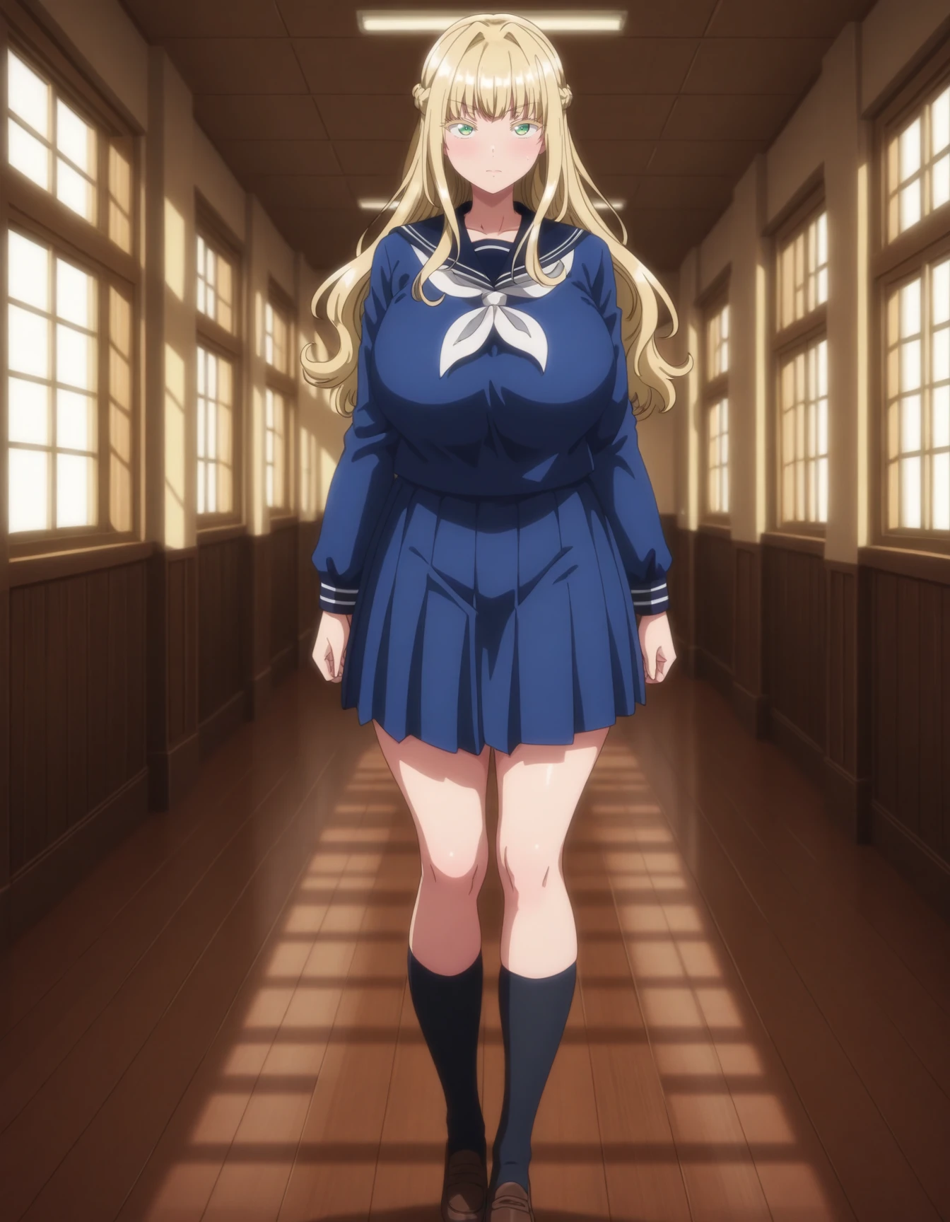 amazing quality,very aesthetic,absurdres,best quality,newest,masterpiece,4k resolution,1girl,solo,<lora:anime_screencap-Illustrious:1>,anime screencap,<lora:Louisa_Richter_Noob_Lora:1>,Louisa Richter,1girl,blonde hair,long hair,french braid,colored eyelashes,green eyes,huge breasts,blue serafuku,white neckkka chief,long sleeves,pleated_skirt,blue skirt,black socks,full body,standing,looking at viewer,portrait, indoors, school hallway