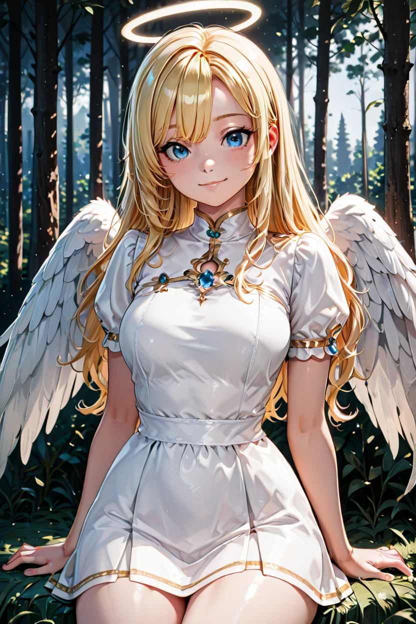 masterpiece, best quality, medium breasts, (curvy), BREAK, 1girl, solo, blonde hair, wavy hair, angel, angel wings, halo, smile, sitting, forest, white dress, smile, looking at viewer, cowboy shot, ,<lora:BeautifulCAT_IXL_v2:1.0>,