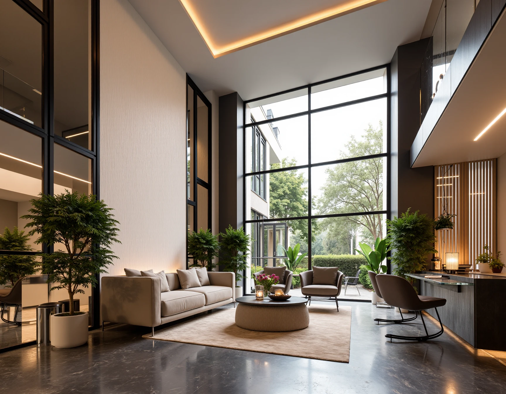 <lora:JJsHotel_Flux_r1:1> ,(hotel), indoors, window, chair, sofa, no humans, counter,rug ,flower, plants, ceiling light, reflecton, curatin, sky, tree, stair,, architecture photography, striking structures, clean lines, geometric shapes, dramatic angles, play of light and shadow, capturing architectural details, showcasing design elements, evoking mood, professional lighting, precise compositions, emphasizing scale and proportion, creating depth, architectural storytelling, capturing iconic landmarks, immersive experience