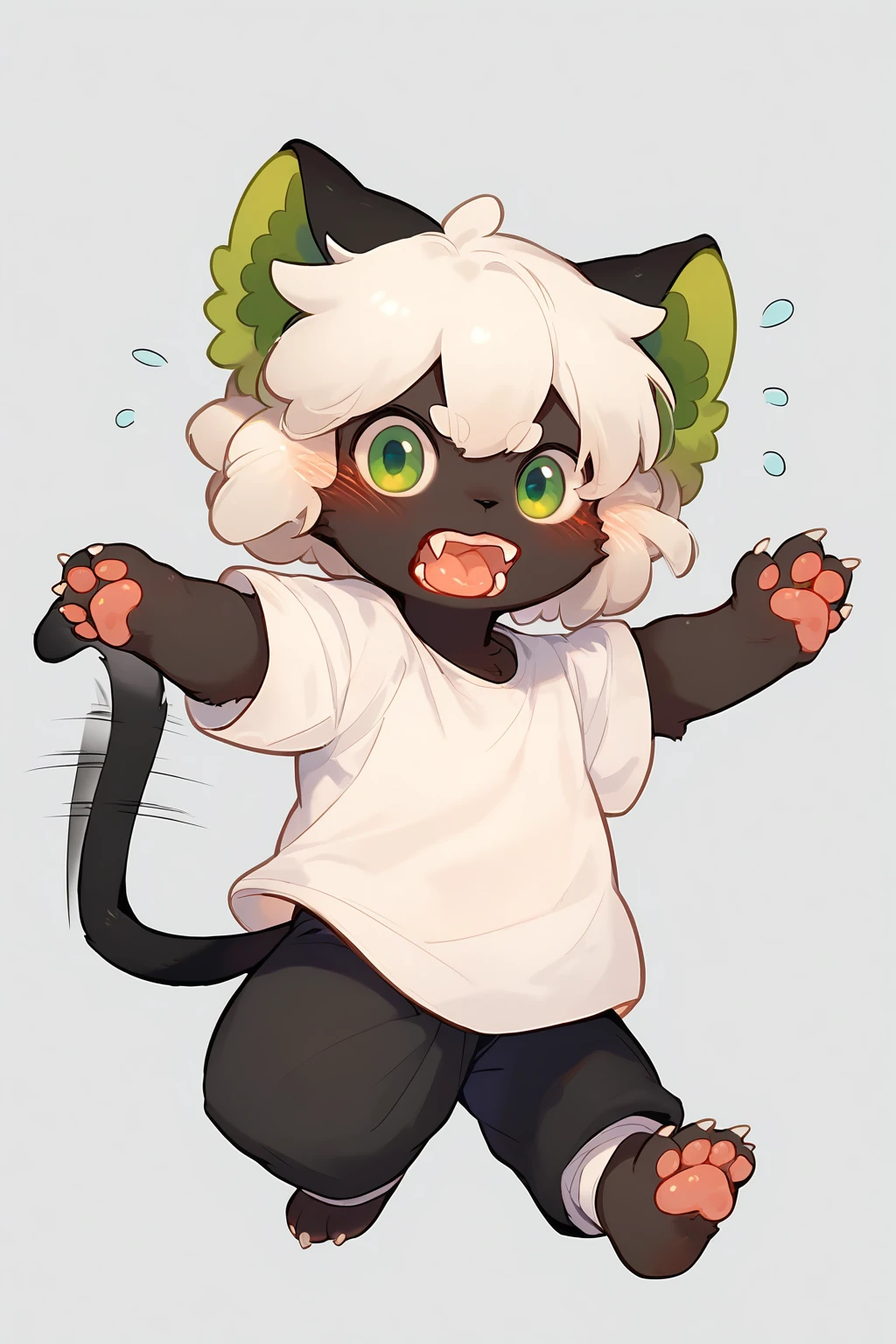 score_9, score_8_up, score_7_up, source_furry, luoxiaohei,
tail wagging, male focus, pawpads, blush, cat boy, white hair, claws, open mouth, cat ears, pink tongue, black fur, white background, fangs, solo, cat tail, looking at viewer, flying sweatdrops, black pants, short sleeves, short hair, green eyes, full body, white shirt,
<lora:reg_luo_xiaohei_(human)-000021:1>