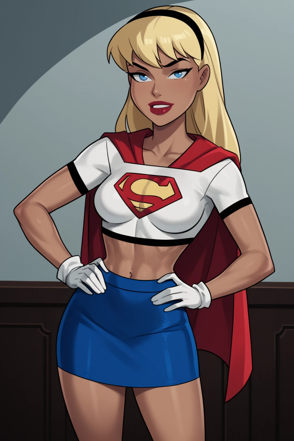 PonyXLV6_Scores BREAK ((parody), perfect anatomy, perfect eyes, cowboy shot) <lora:add_details_xl:0.8> BREAK <lora:Supergirl_-_DC_Animated_Universe:0.8> kara zor-el, long hair, blonde hair, blue eyes, dark-skinned female, lipstick, red lips, flirting, raised eyebrow, ((looking at viewer)), hairband, cropped shirt, white shirt, midriff, red cape, white gloves, blue skirt, medium breasts, curvy, toned, athletic, standing, hands on hip, indoors