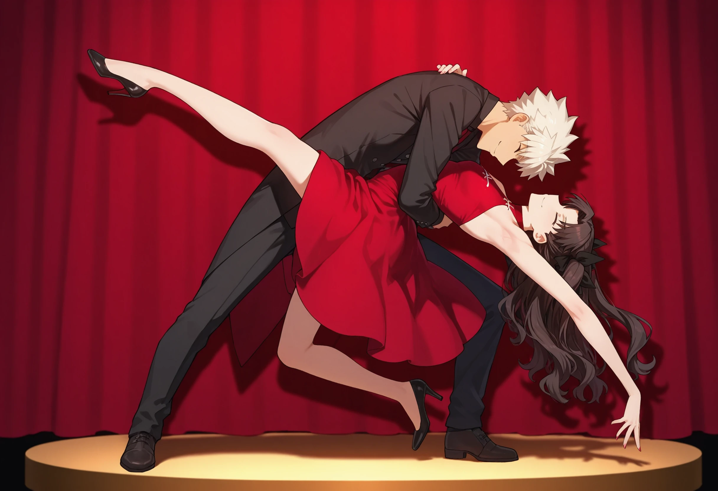 masterpiece, best quality, absurdres, safe
1girl, 1boy
dancing, leg up
archer \(fate\), tohsaka rin
spotlight, red curtains, stage
high heels, dress, smile
<lora:dip_dancing_il_3_d16:1>