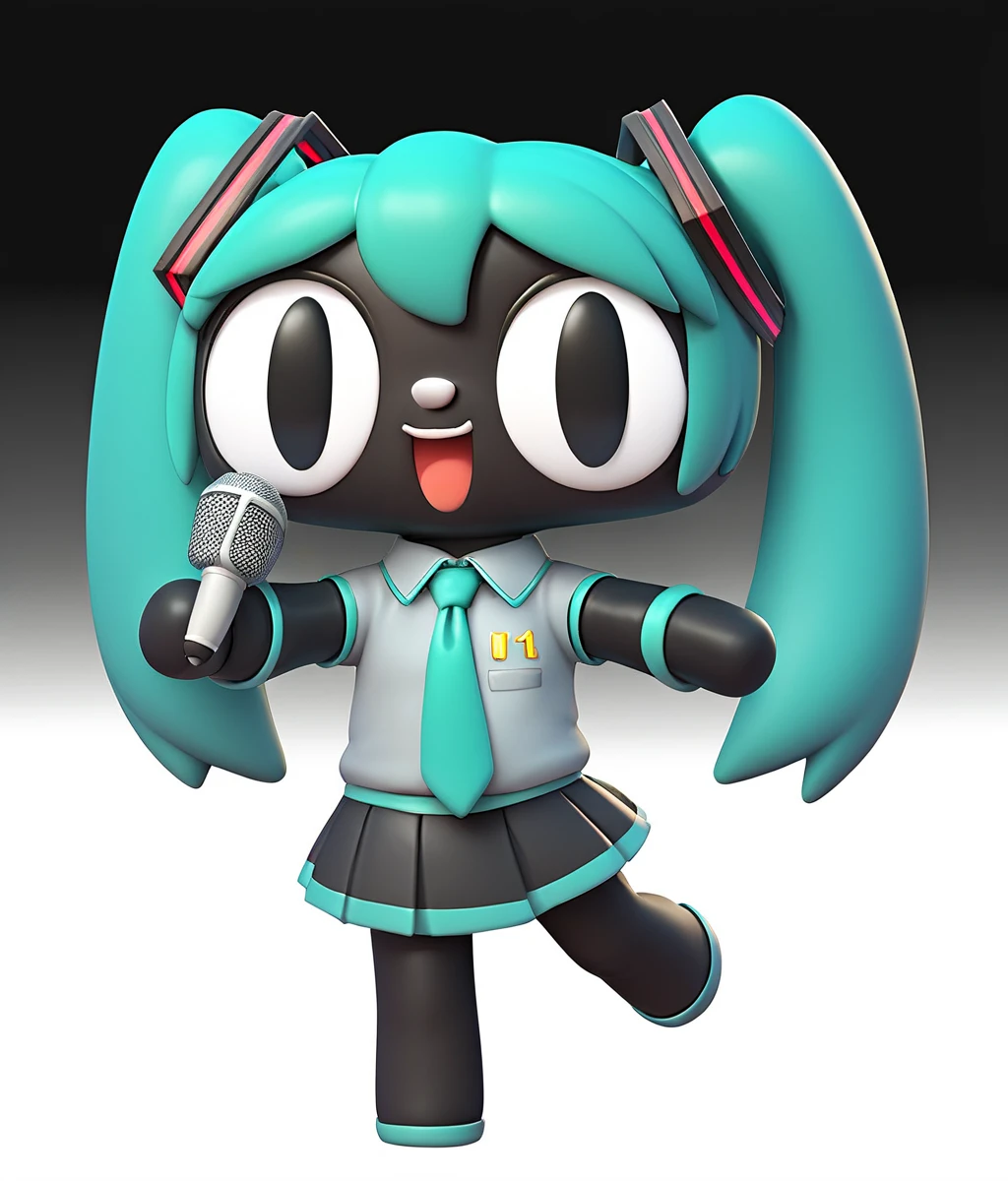 Score_9,score_8_up,score_7_up,solo,hatsune miku,open mouth,green hair,twintails,bangs,:3,black eyes,big eyes,white nose,black skin,necktie,arm warmers,pleated skirt,no_humans,<lora:Role_Tmall:0.8>,holding_microphone,gradient background,