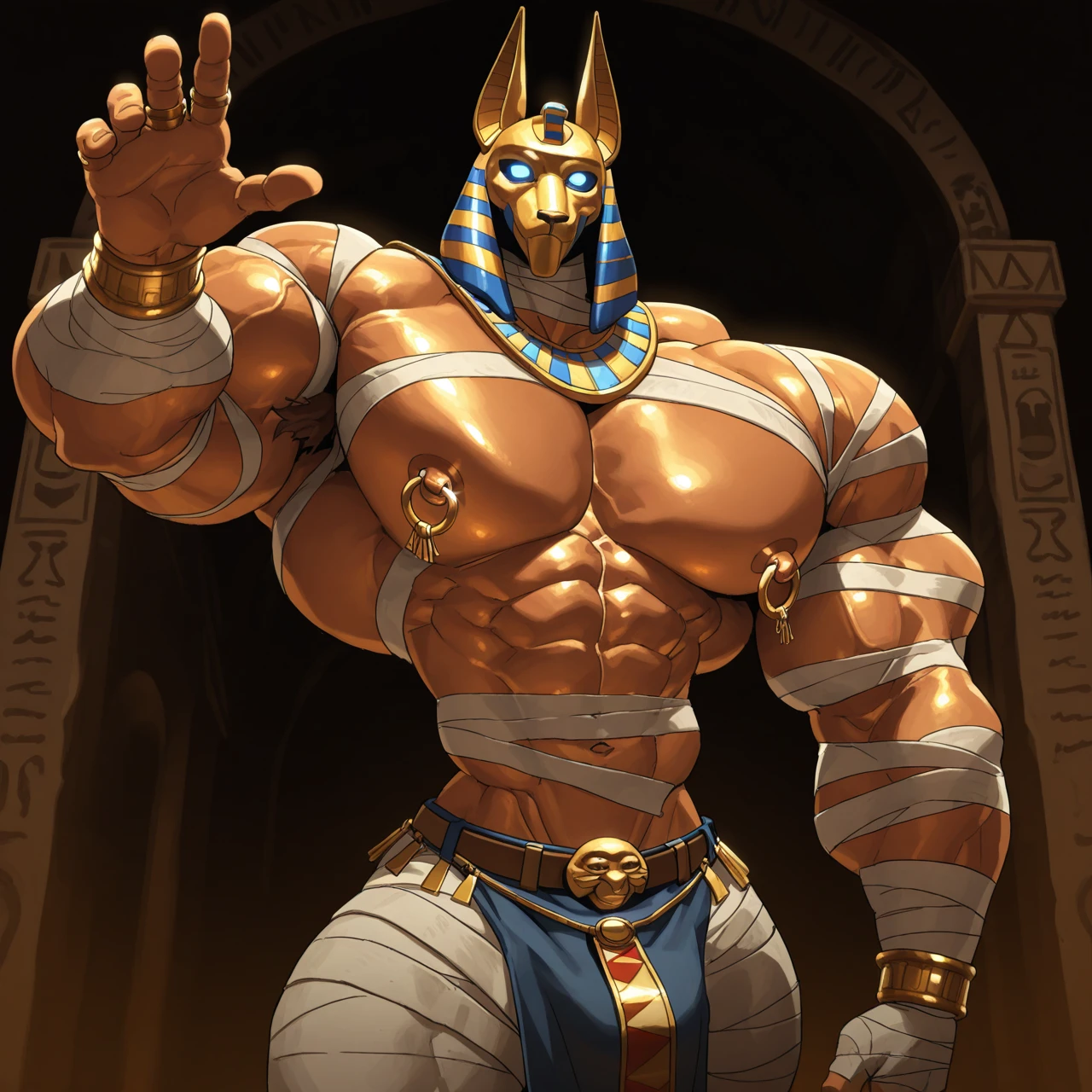 Hunk, alligator, Egyptian god, sobek, white cloth around hips, subtle bulge,toothy grin, arms crossed, cowboy angle, pinning the viewer to a wall