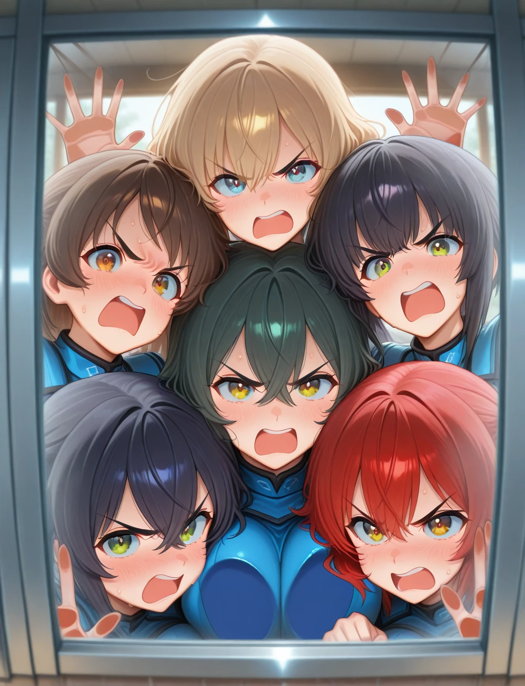 masterpiece,best quality,higres illustration,detailed face,upper body,<lora:multiglass_IL:1.2>,against glass,4girls,looking at viewer,sweat,open mouth,angry,