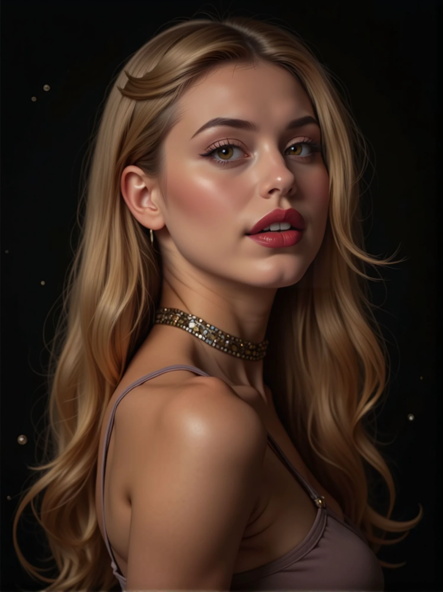woman, looking at viewer, cute smile, side view, dark background, bare shoulders, choker, eyeliner, seductive, flirtatious, floating hair, floating particles, detached sleeves, elegant, close, <lora:Woomy_6_Flux-000005:1> lipstick, big eyes, brown eyes, full lips, long hair, blond,