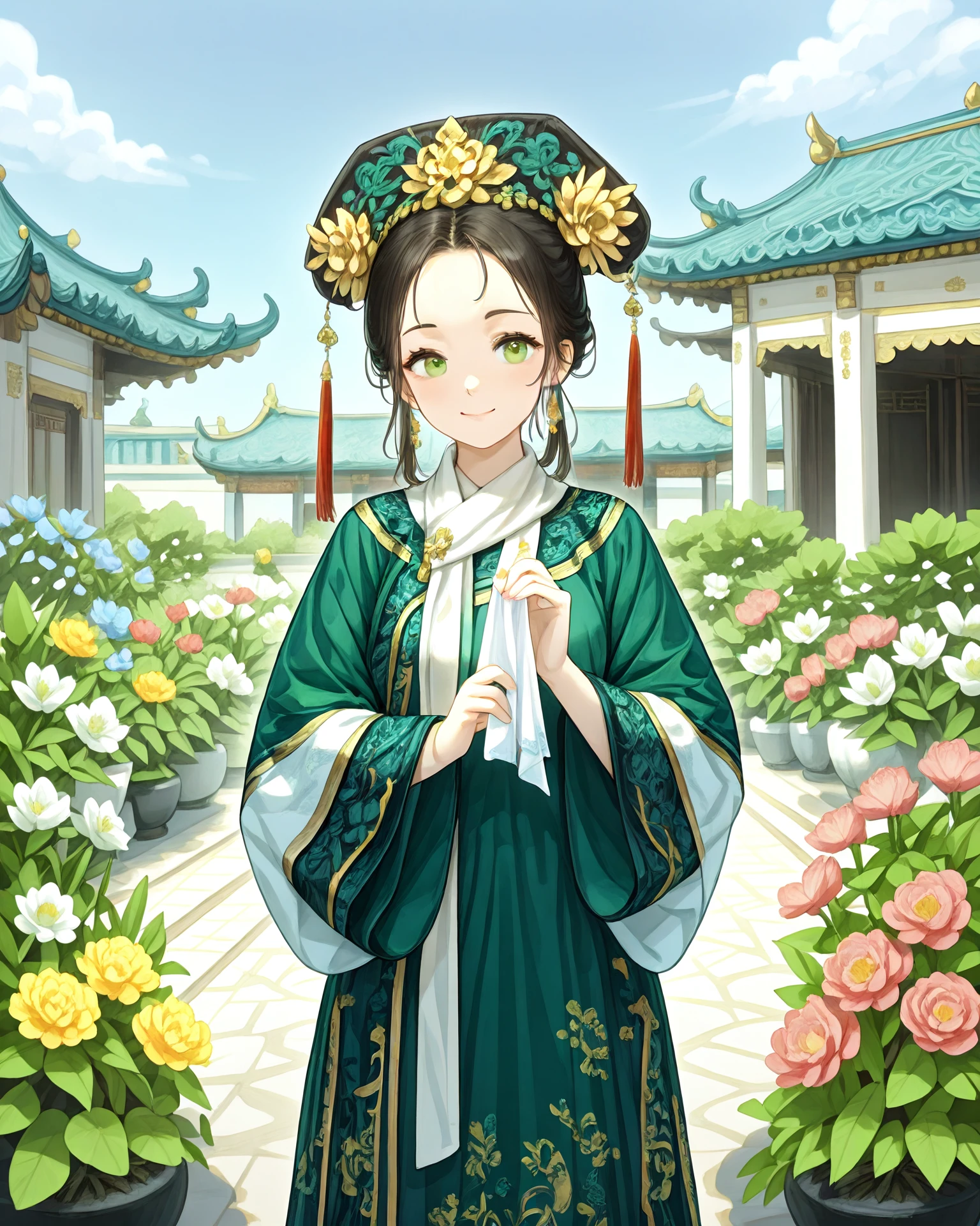 1girl, qingfa
A woman in extremely detailed blue and green qingfa clothing stands in a beautiful palace garden, surrounded by carefully planted blooming flowers. In the background, the exterior of a Chinese palace is visible. She holds a handkerchief in one hand, and she tilts her head slightly. There is a beautiful blue sky stretching above her, and warm sunny lighting.
(qingfa scarf:1.1), blue and green clothing, gold accents, garden, flowers, outdoors, chinese building, chinese palace, (broad shoulders:1.1), detailed background, light_smile, intricate patterned fabric, brocade, jacquard fabric, masterpiece, highest quality, absurdres, digital art, very detailed, holding a handkerchief, <lora:QingFashion_Illustrious-000013:1>, <lora:IL_Between_pencils_and_semi-realism_Style:0.7> stbedap