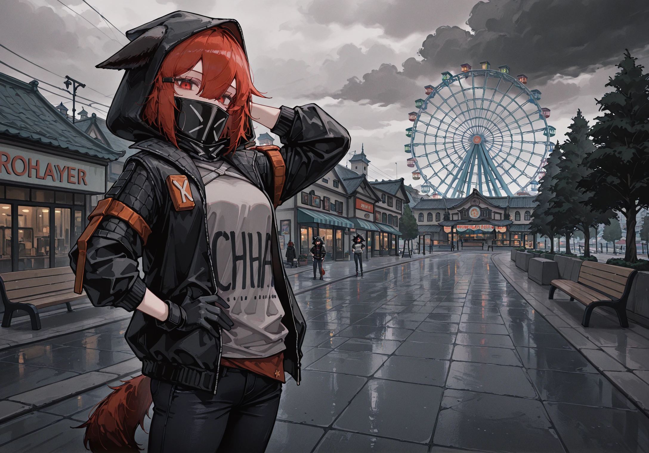 masterpiece, best quality, amazing quality, very aesthetic, absurdres, newest, 96yottea,
1girl, solo, Crownslayer, animal ears, tail, red hair, short hair, hairclip, red eyes, bangs, hair between eyes, looking at viewer,
black jacket, hood, hood up, grey shirt, black jeans, mask, masked face, black gloves,
outdoors, one hand behind head and another hand on hip, eastern european architecture, ferris wheel, overcast, dark clouds, trees, park, shops, benches, street billboard,