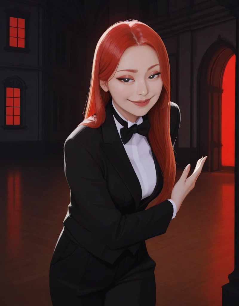 best quality, absurdres, masterpiece, solo, <lora:Yeji_IL:1>, yeji, korean woman, pale skin, black eyes, makeup, eyeshadow, lips, long hair, straight hair, red hair, black eyes, <lora:g0thicILL:0.25>, g0thic, neon, ict style, <lora:AromaSenseiIllus:0.25>, <lora:kittew-artist-richy-v1_ixl:0.25>, (blocky;painterly;icjournals:1), <lora:Incase_New_Illust:0.5>, mansion, pant suit, black suit, black bowtie, glowing eyes, smug, <lora:POSE_-_Butler_Bowing_ILXL:1>, butler bowing